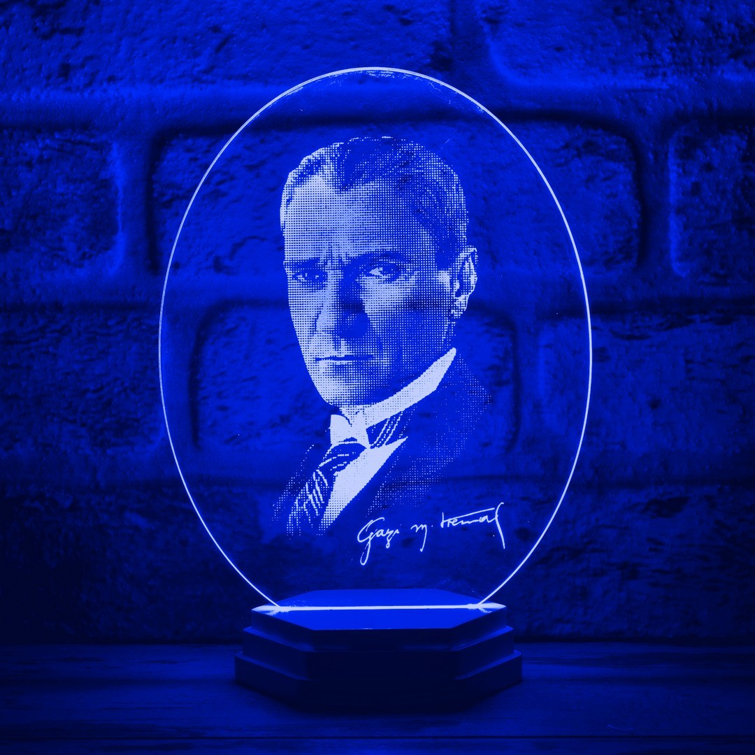 Atatürk Görselli Atatürk İmzalı 3D Lamba
