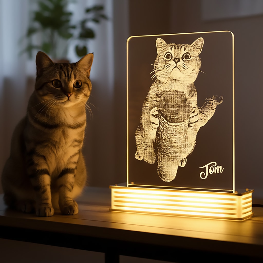 Evcil Kedi Sahiplerine Hediye Fotoğraflı 3D Lamba