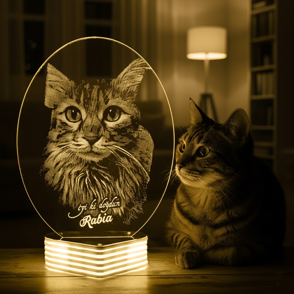 Hayvanseverlere Kedi Resimli Hediye 3D Lamba