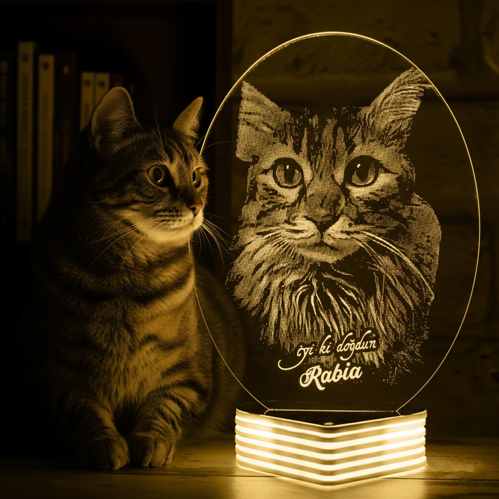 Hayvanseverlere Kedi Resimli Hediye 3D Lamba