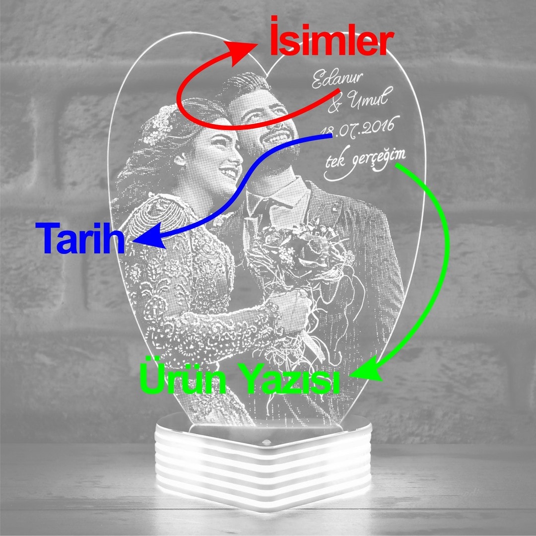 Sevgiliye Hediye Nişanlılara Özel Kalp 3D Lamba