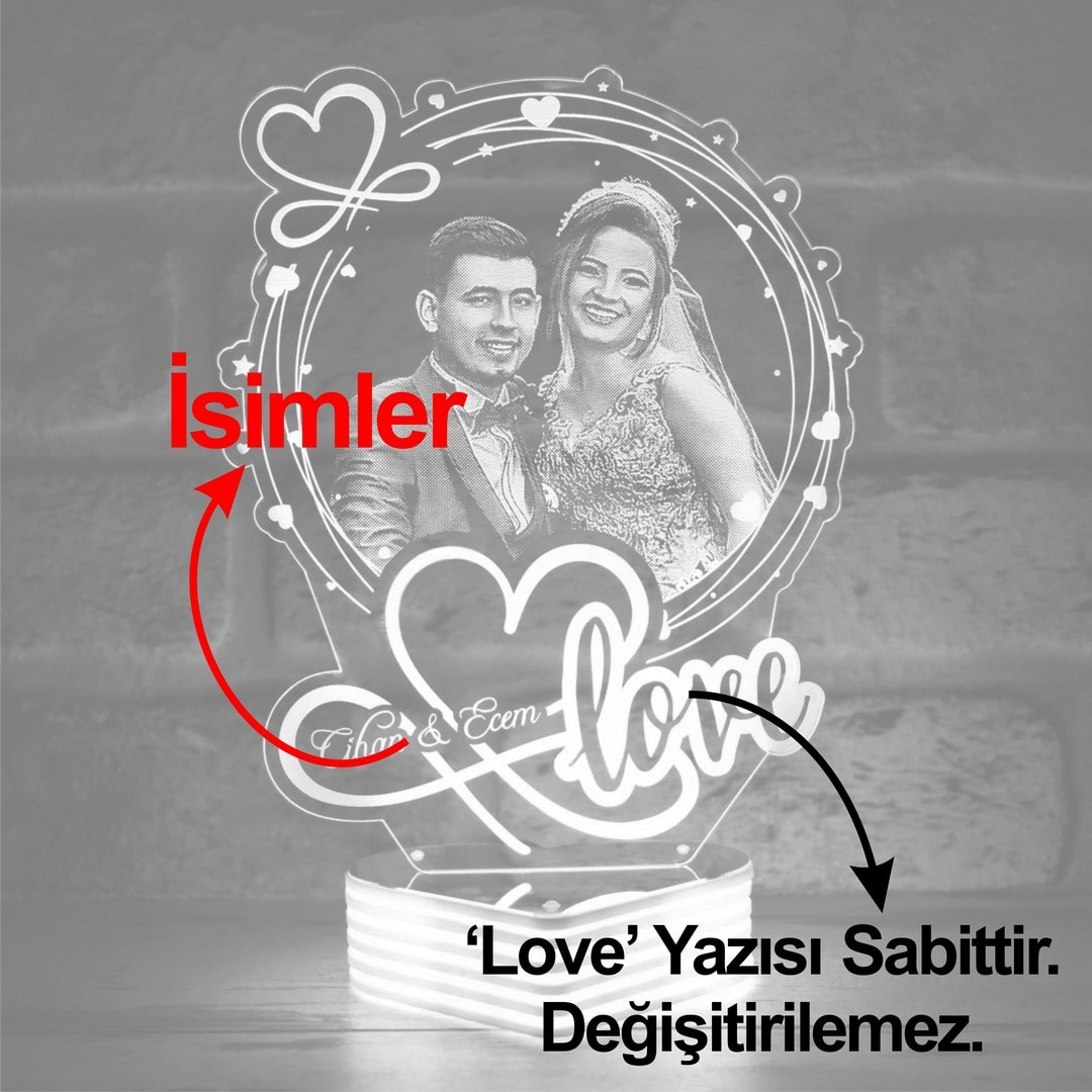 Sevgiliye Love Yazılı Hediye, Resimli 3D Lamba