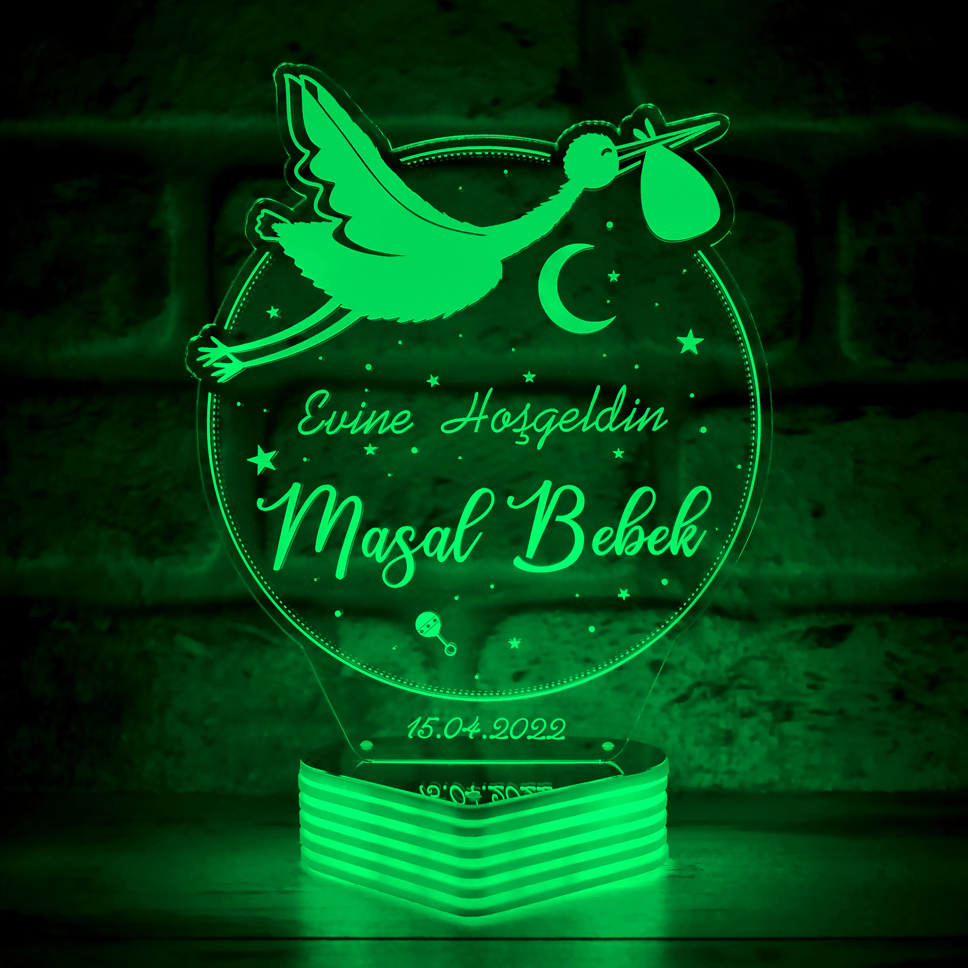 Kişiye Özel Yeni Doğan Bebek Hediyesi , Leylekli İsimli Bebek Hediyesi 3D Lamba