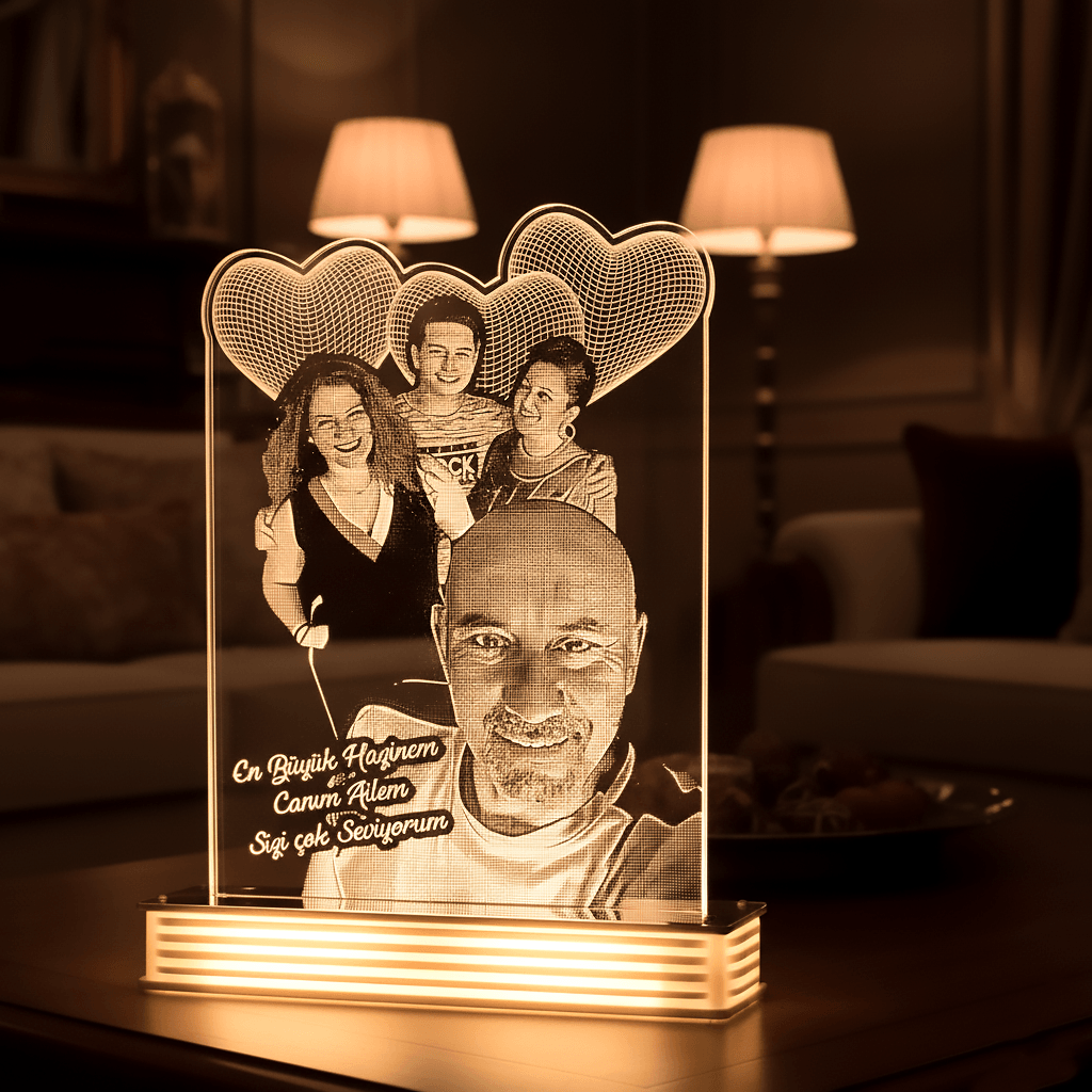 Aileye Hediye Kalpli 3D Lamba