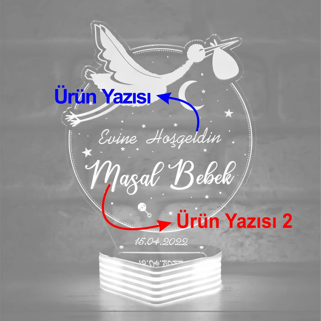 Kişiye Özel Yeni Doğan Bebek Hediyesi , Leylekli İsimli Bebek Hediyesi 3D Lamba