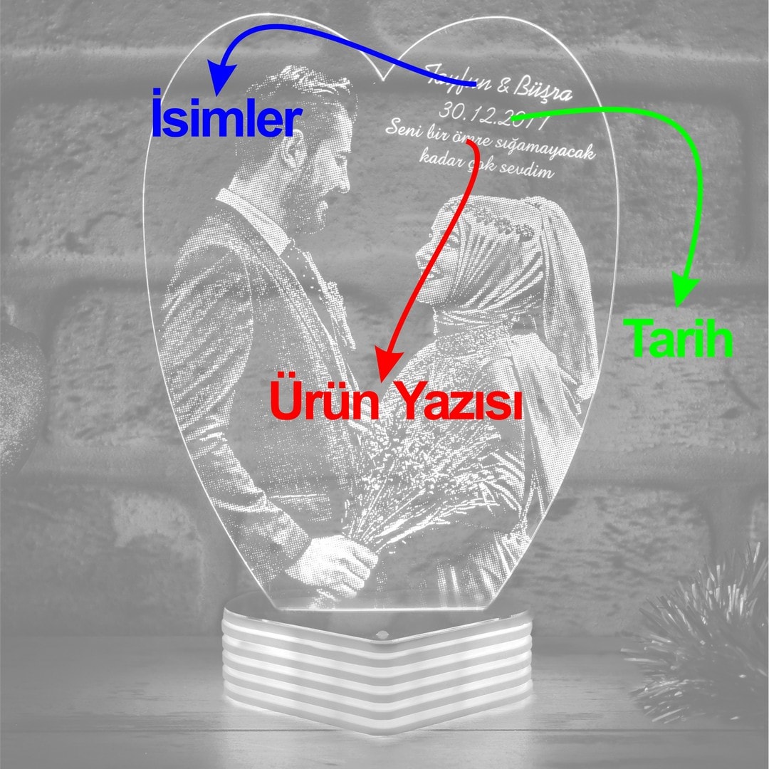 Sevgiliye Hediye Nişanlılara Özel ResimliKalp 3D Lamba