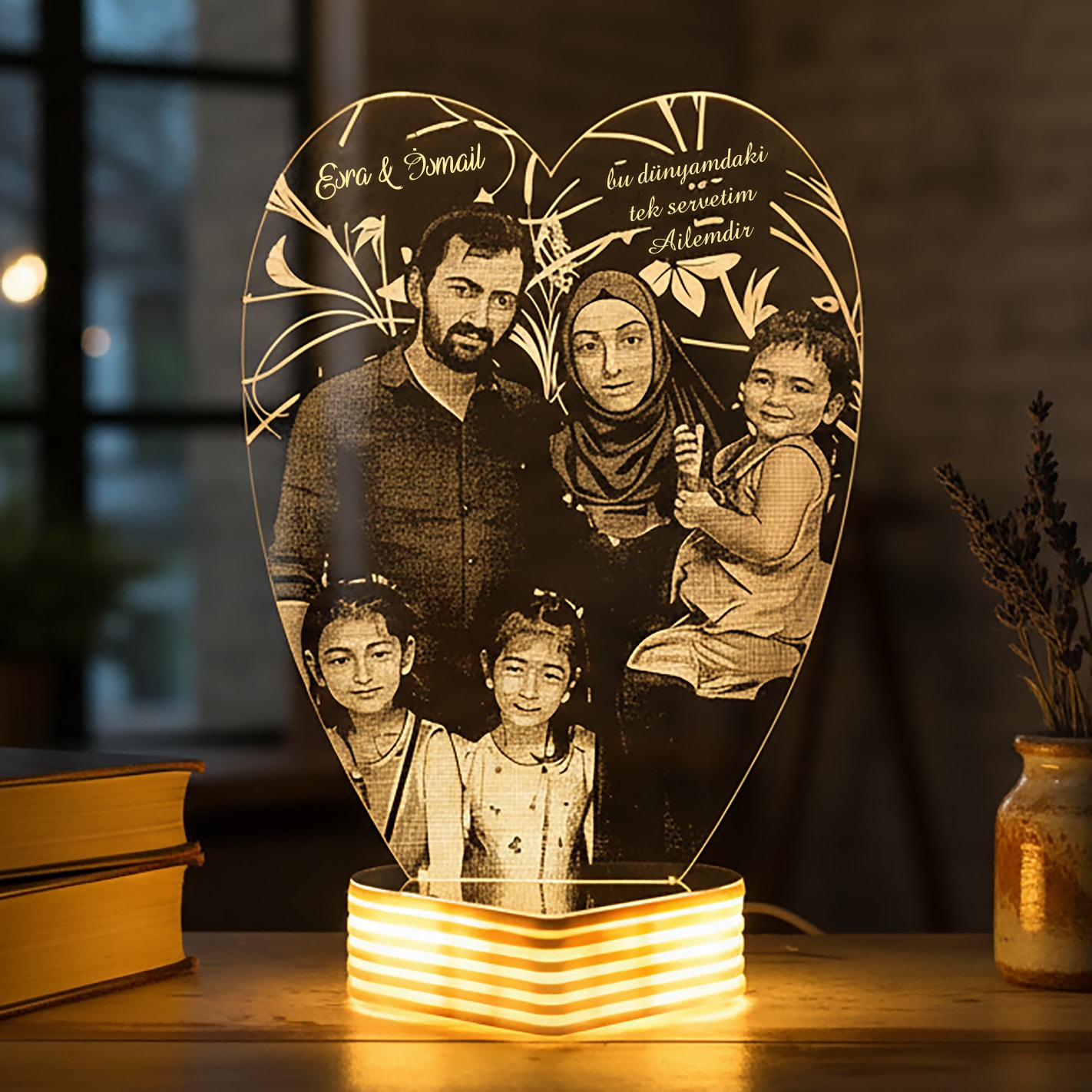 Aileye Hediye Anne Baba Çocuk Fotoğraflı 3D Lamba