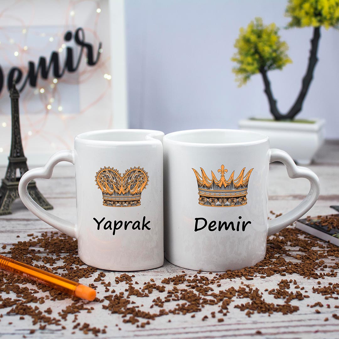 En Kral Eş ve Çiftlere İsim Yazılı Kral Tacı İkili Kalp Kupa Bardak Seti