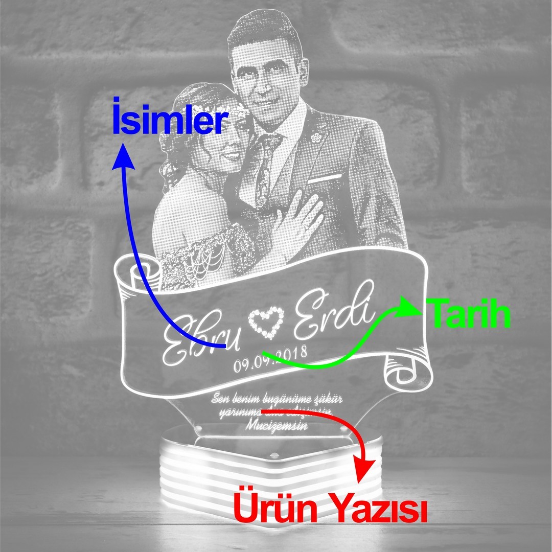 Sevgiliye Hediye Resimli Silüet 3D Lamba