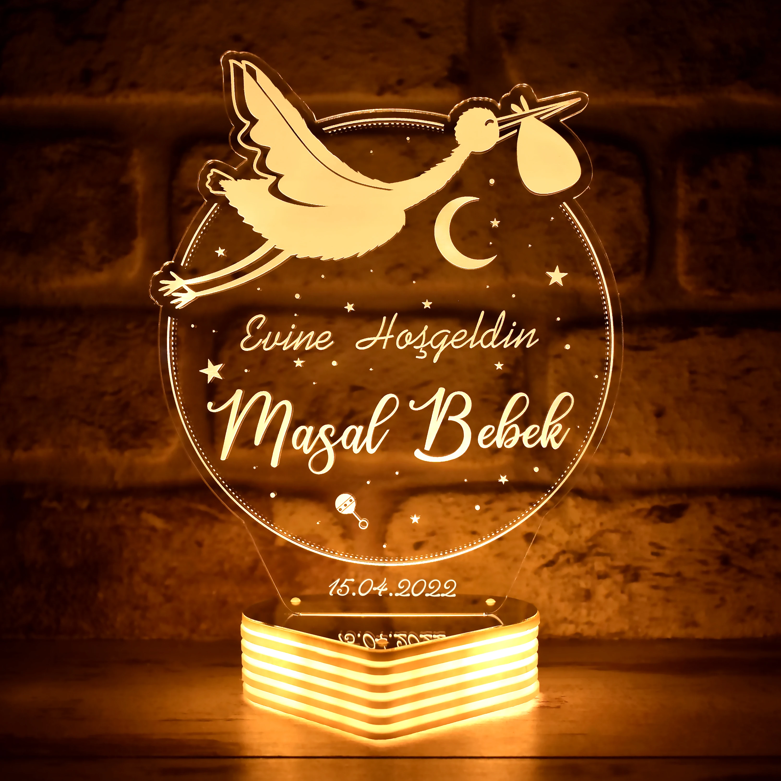 Kişiye Özel Yeni Doğan Bebek Hediyesi , Leylekli İsimli Bebek Hediyesi 3D Lamba