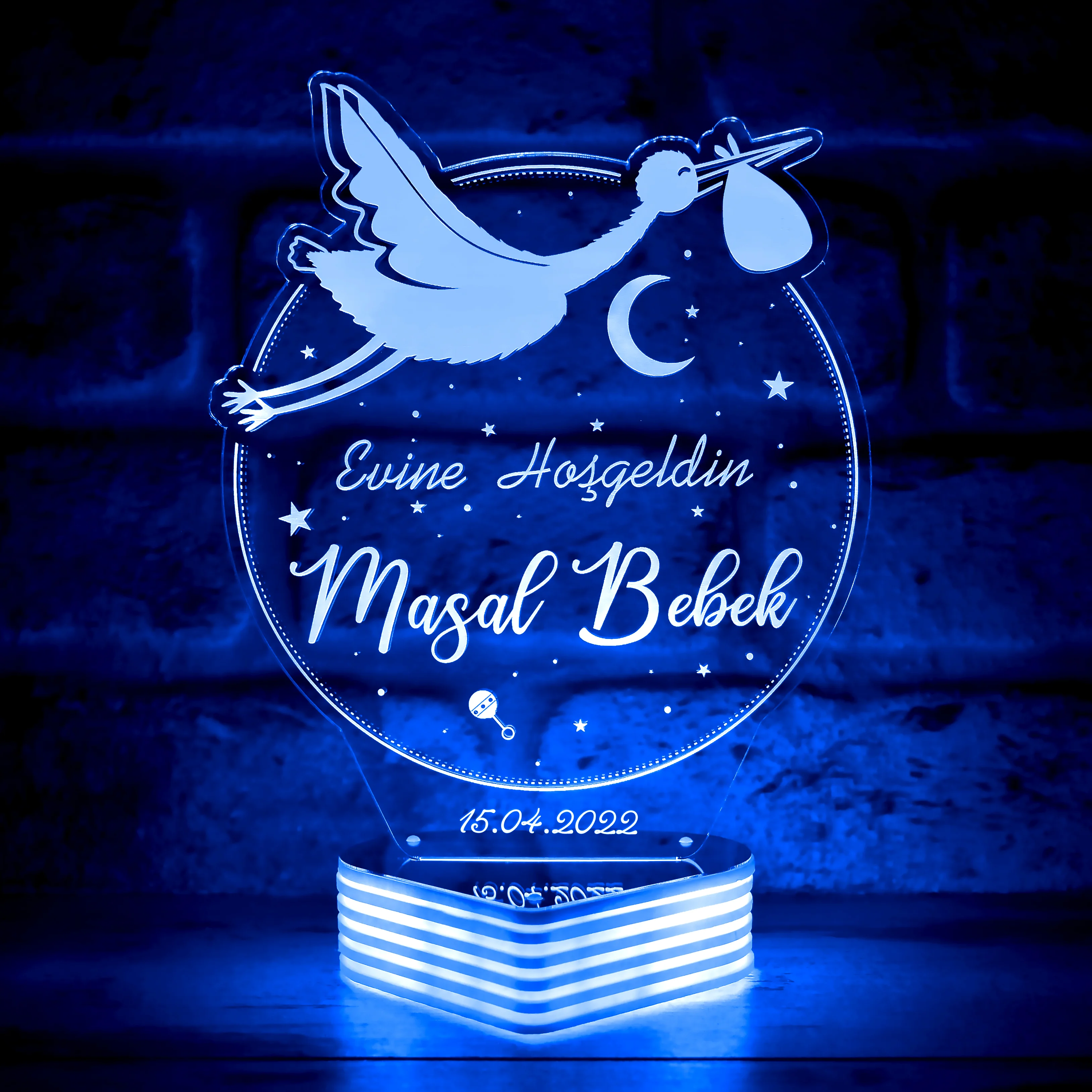 Kişiye Özel Yeni Doğan Bebek Hediyesi , Leylekli İsimli Bebek Hediyesi 3D Lamba