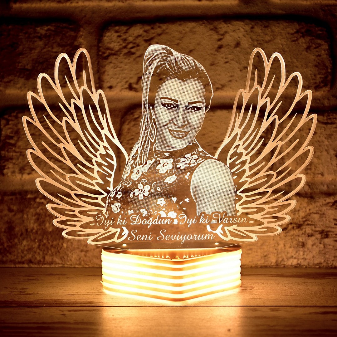 Sevgiliye Hediye, Melek Kanatlı Resimli 3D Lamba