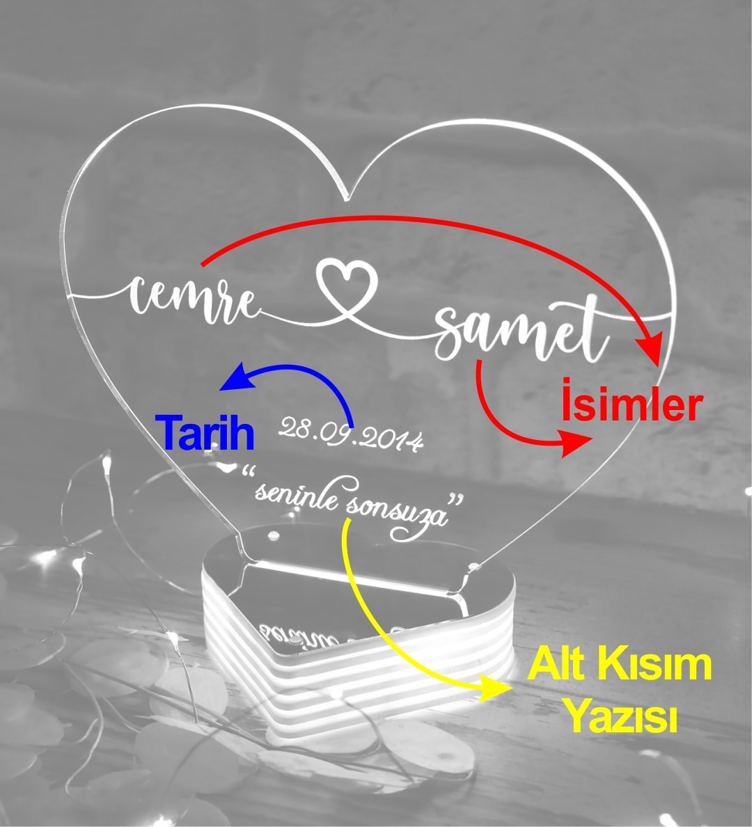 Kalpli Sevgililer Günü Hediyesi , Kişiye Özel 3D LED Lambası