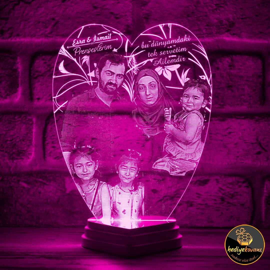 Aileye Hediye Anne Baba Çocuk Fotoğraflı 3D Lamba