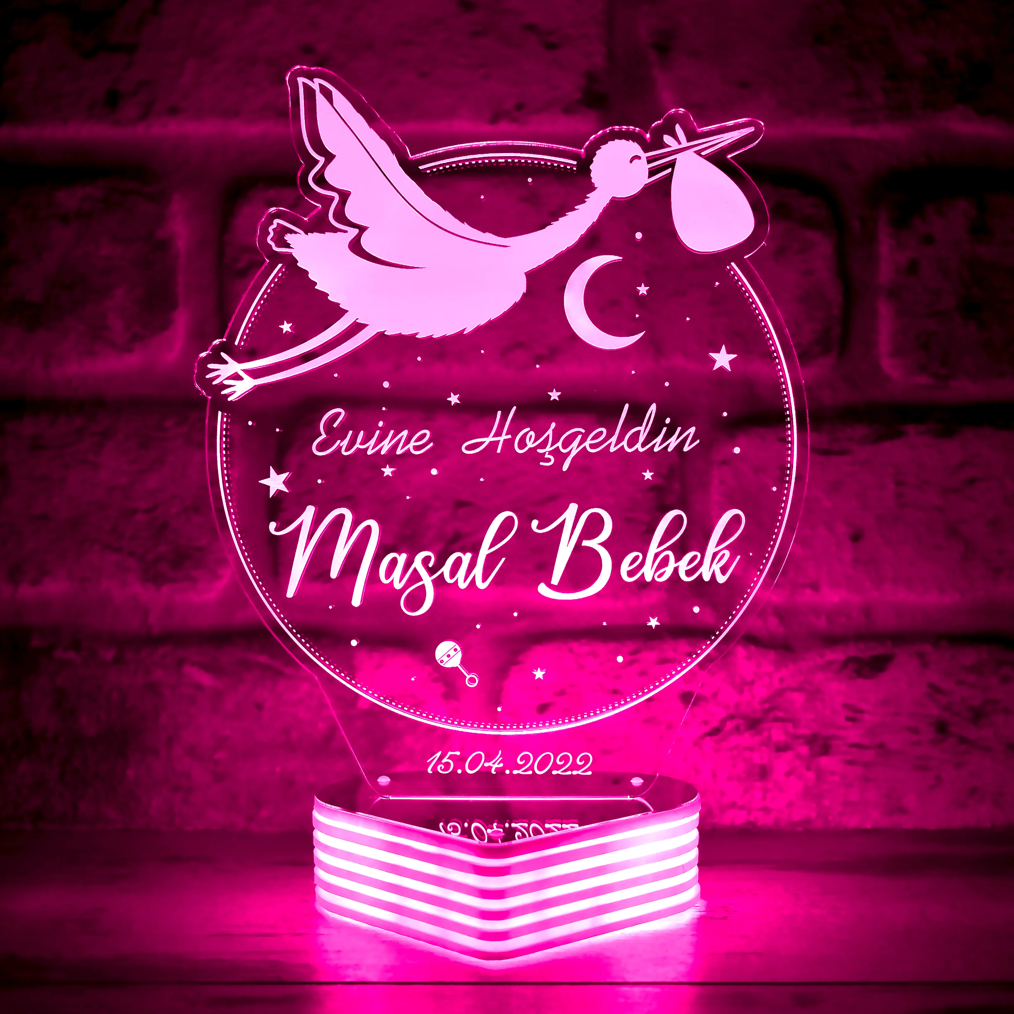 Kişiye Özel Yeni Doğan Bebek Hediyesi , Leylekli İsimli Bebek Hediyesi 3D Lamba