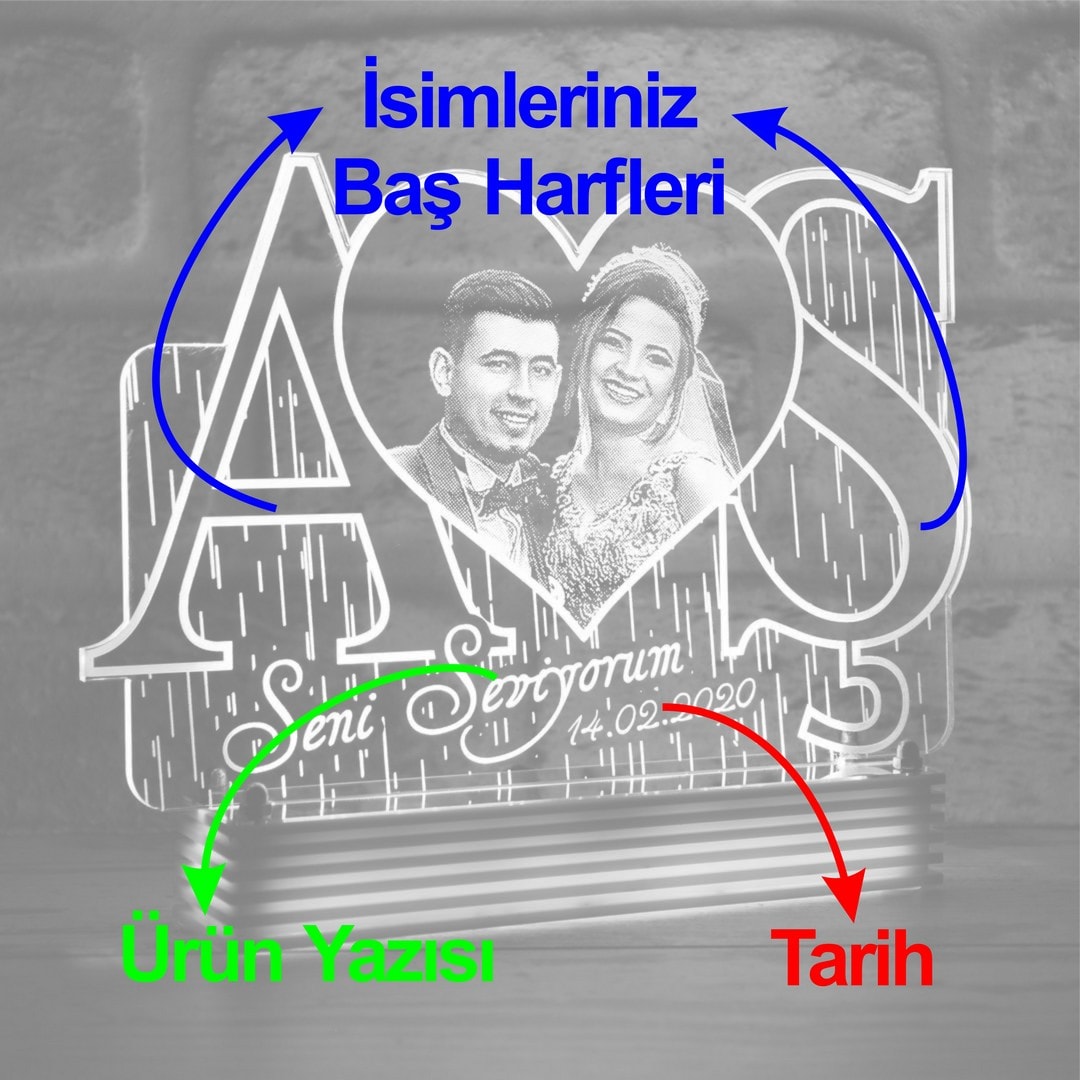 Baş Harfli Sevgililer Günü Hediyesi, 3D Fotoğraflı Lamba