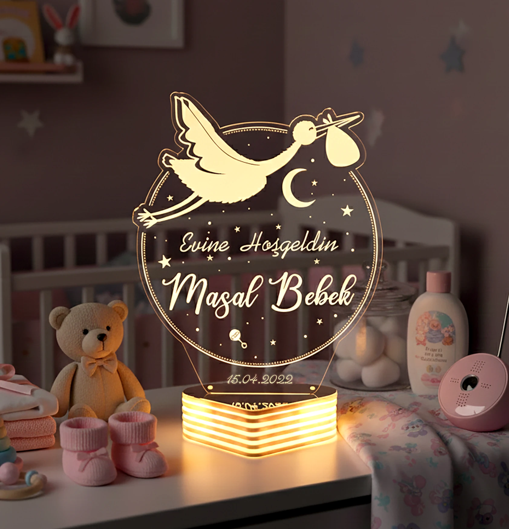 Kişiye Özel Yeni Doğan Bebek Hediyesi , Leylekli İsimli Bebek Hediyesi 3D Lamba