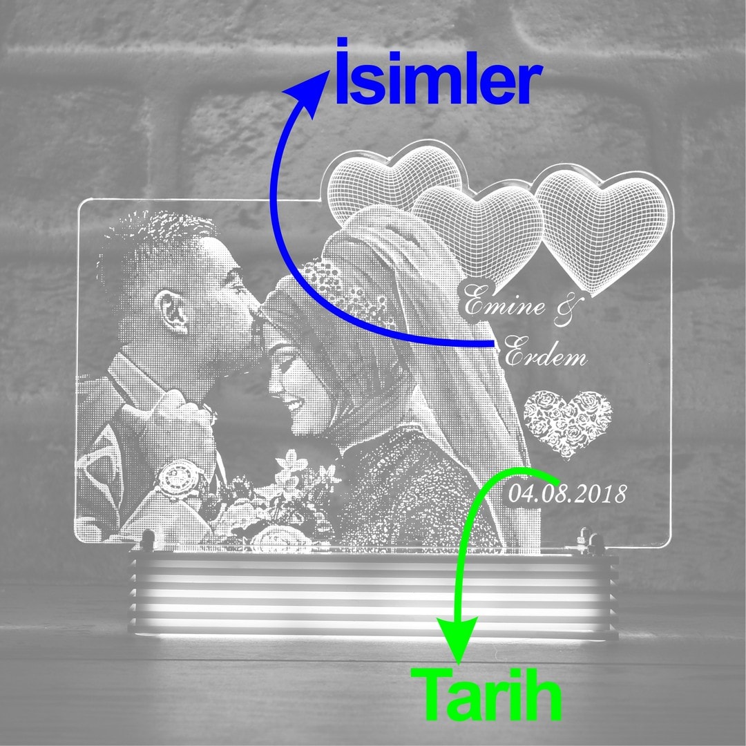 Sevgiliye Hediye Resimli Kalpli 3D Lamba