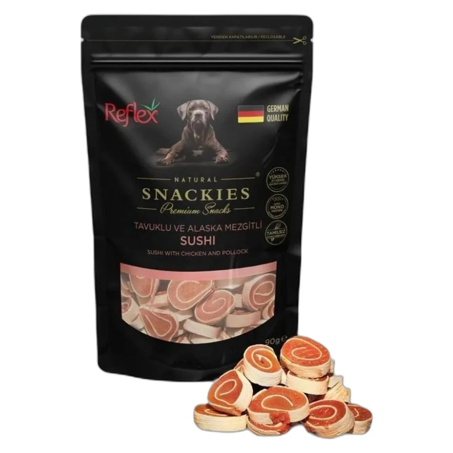 Reflex Snackies Natural Tavuklu ve Alaska Mezgitli Sushi Tahılsız Köpek Ödül Maması 90 Gr