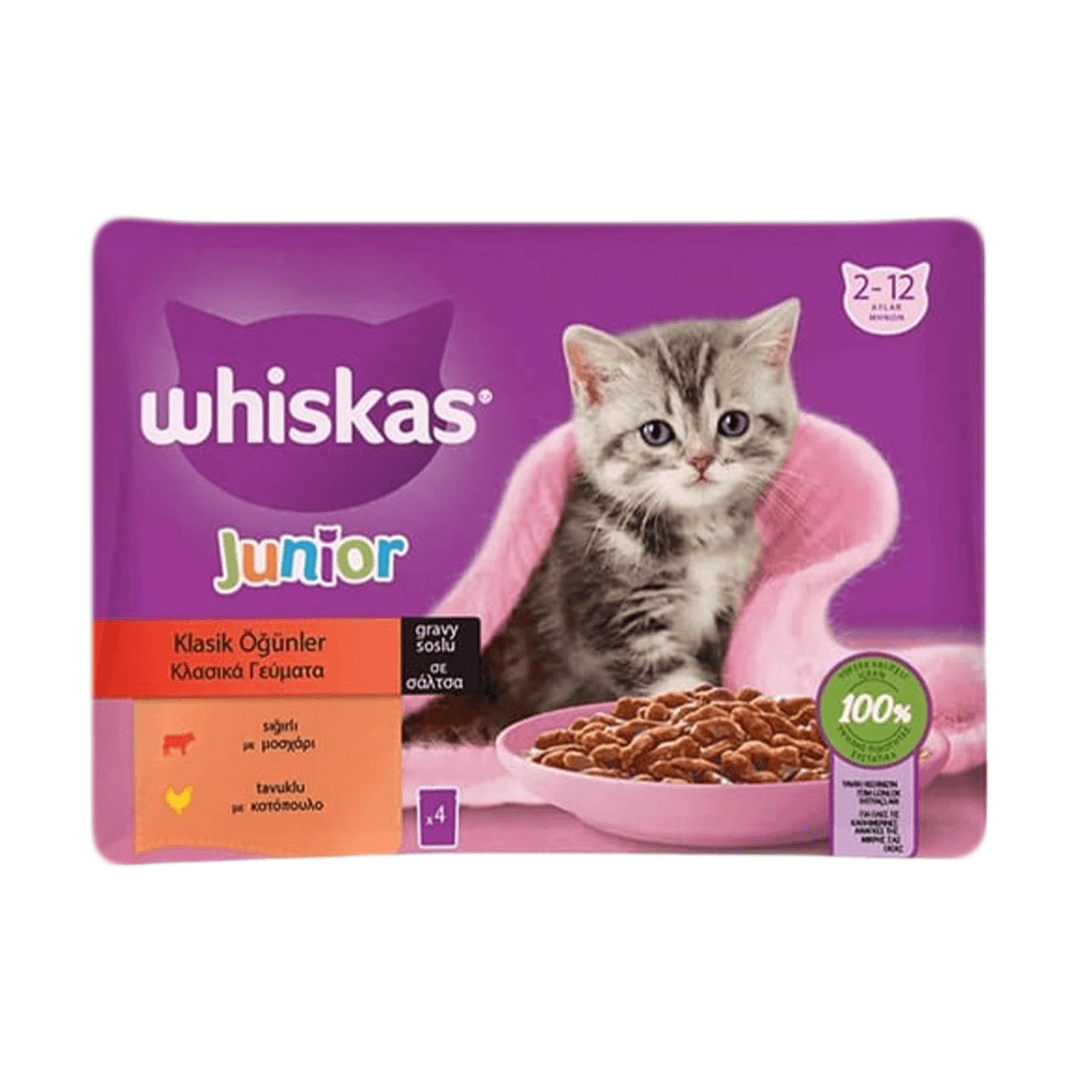 Whiskas Pouch Sos İçinde Sığırlı ve Tavuklu Yavru Kedi Konservesi 85gr (4'lü)