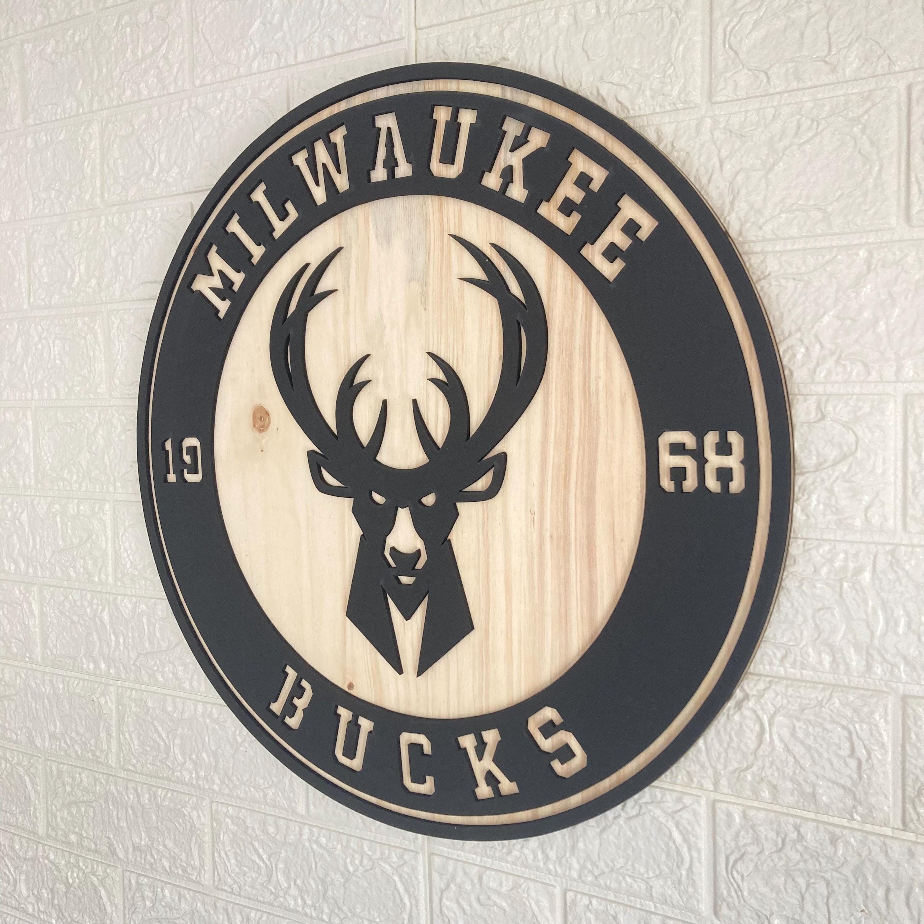Milwaukee Bucks Wooden Wall Decor, Laser Cut Design with Light and Black Wood Layers, Rustic Sports Team Art for Home or Office