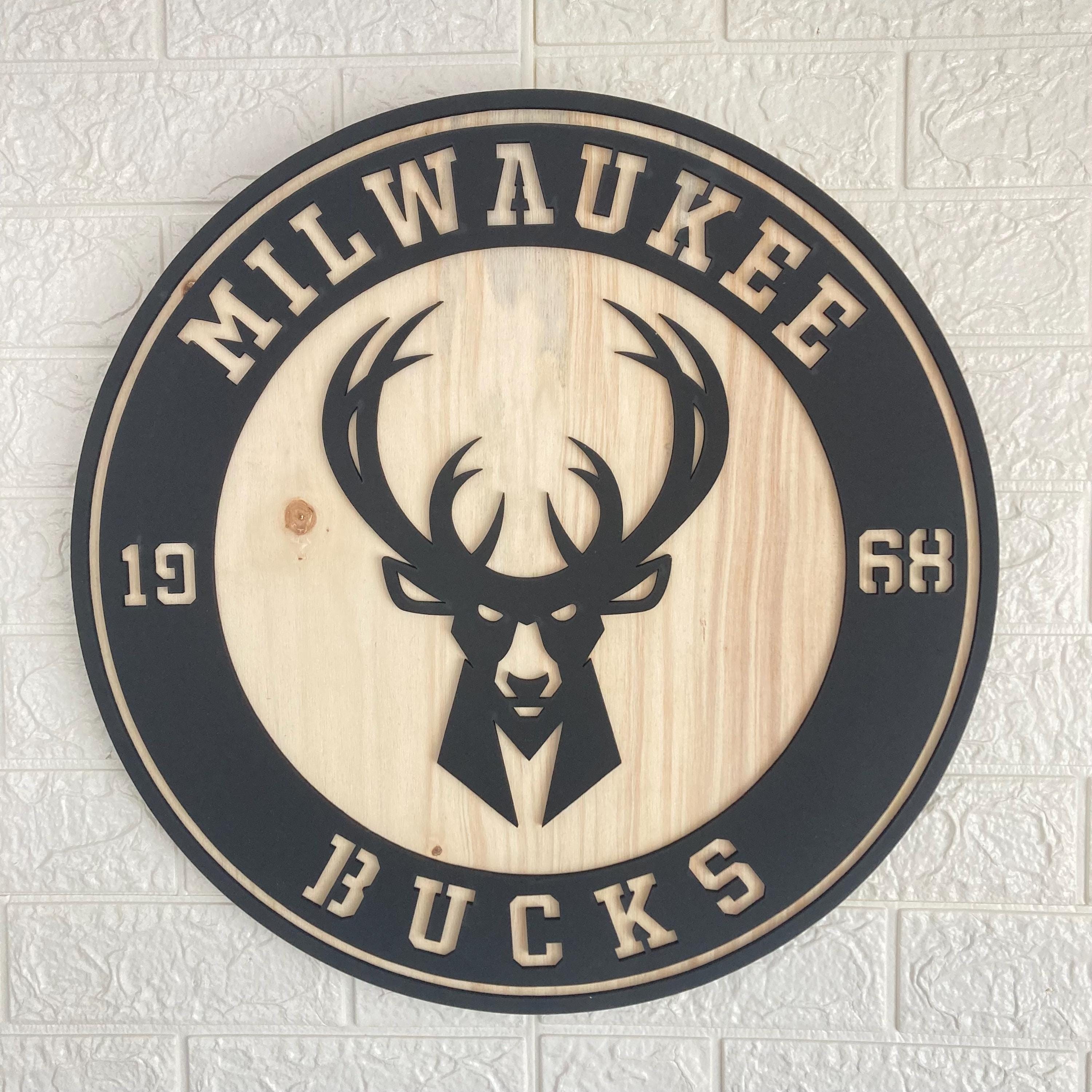 Milwaukee Bucks Wooden Wall Decor, Laser Cut Design with Light and Black Wood Layers, Rustic Sports Team Art for Home or Office