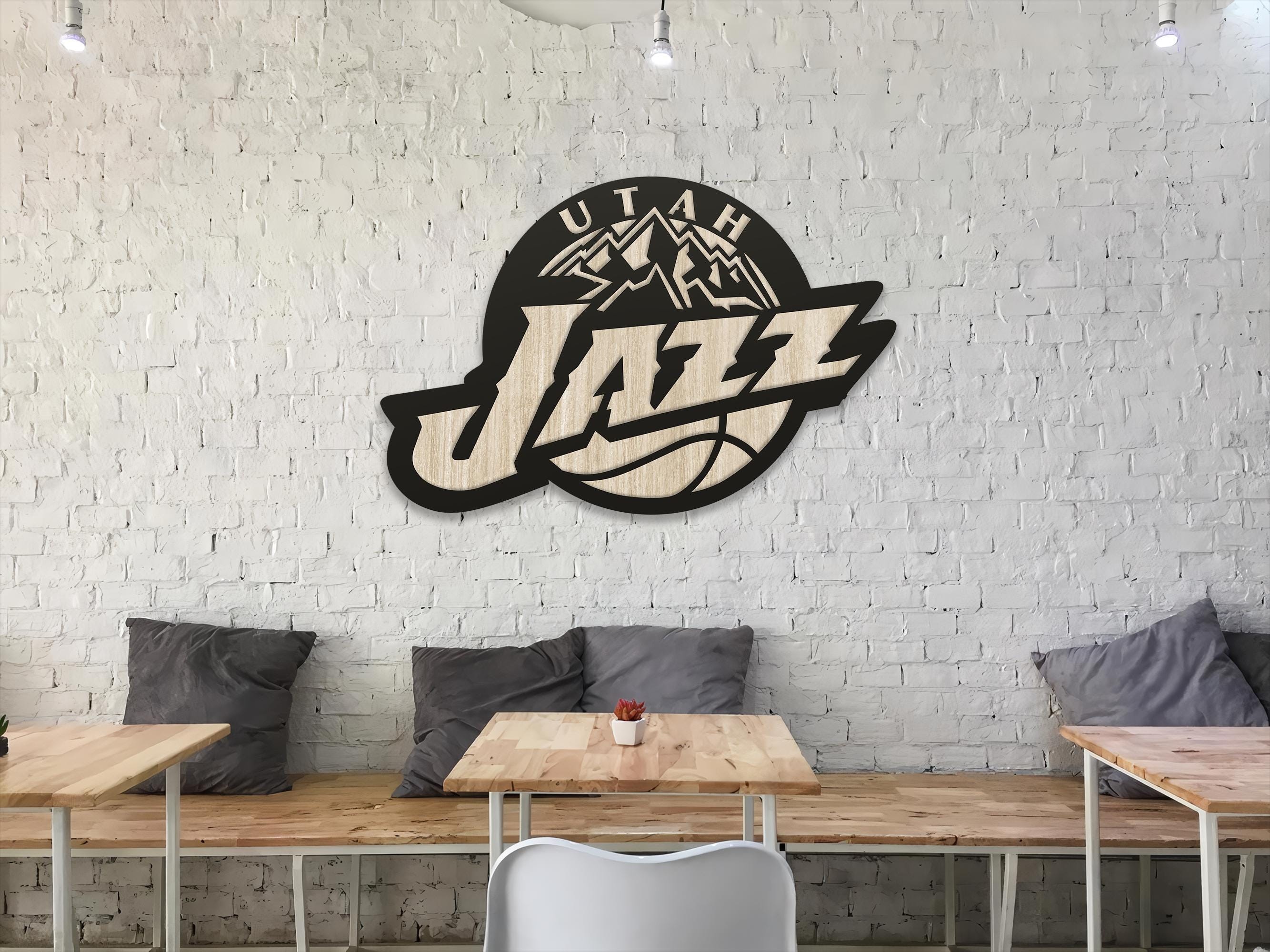 Utah Jazz Wooden Wall Decor, Laser Cut Design with Light and Black Wood Layers, Rustic Sports Team Art for Home or Office