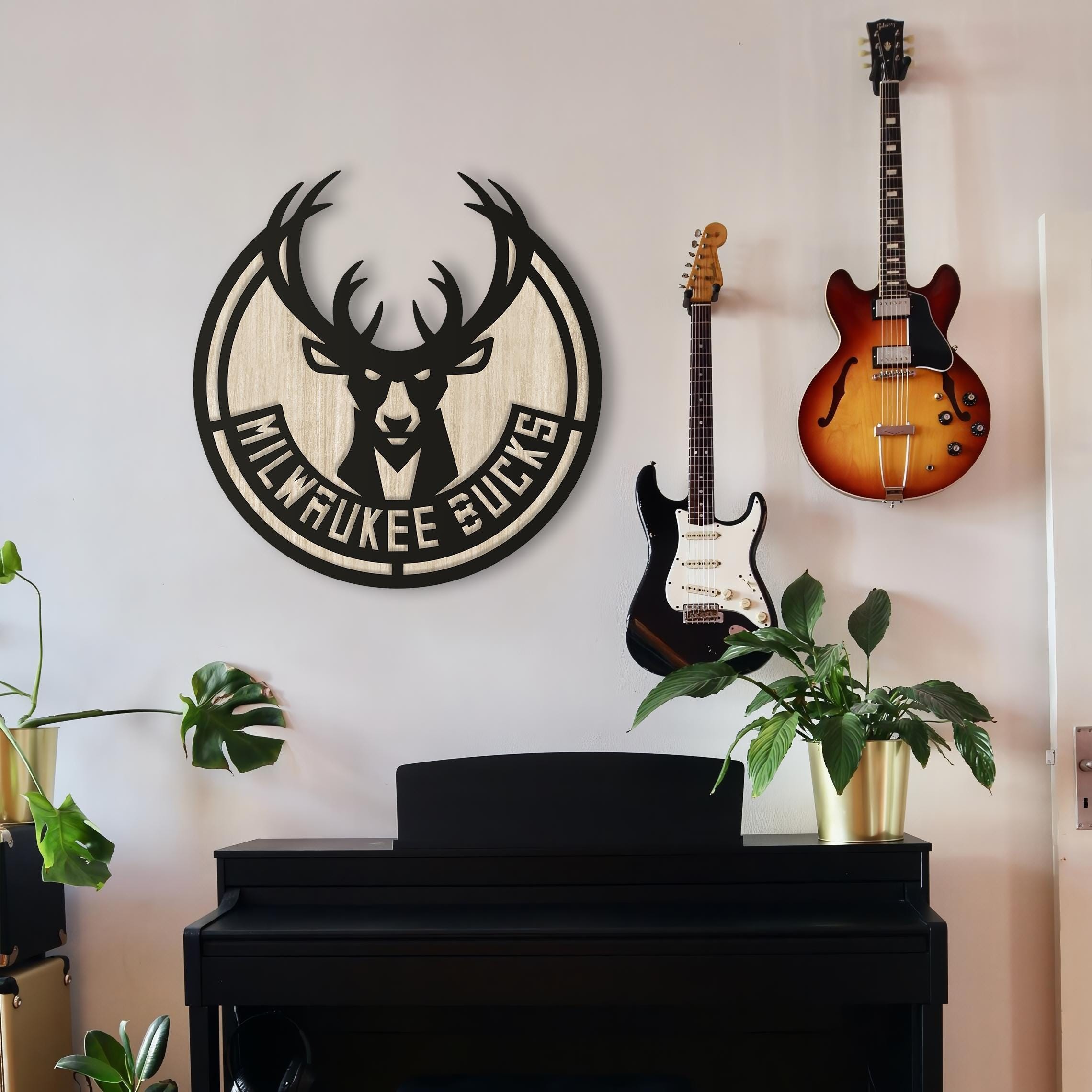 Milwaukee Bucks Wooden Wall Decor, Laser Cut Design with Light and Black Wood Layers, Rustic Sports Team Art for Home or Office