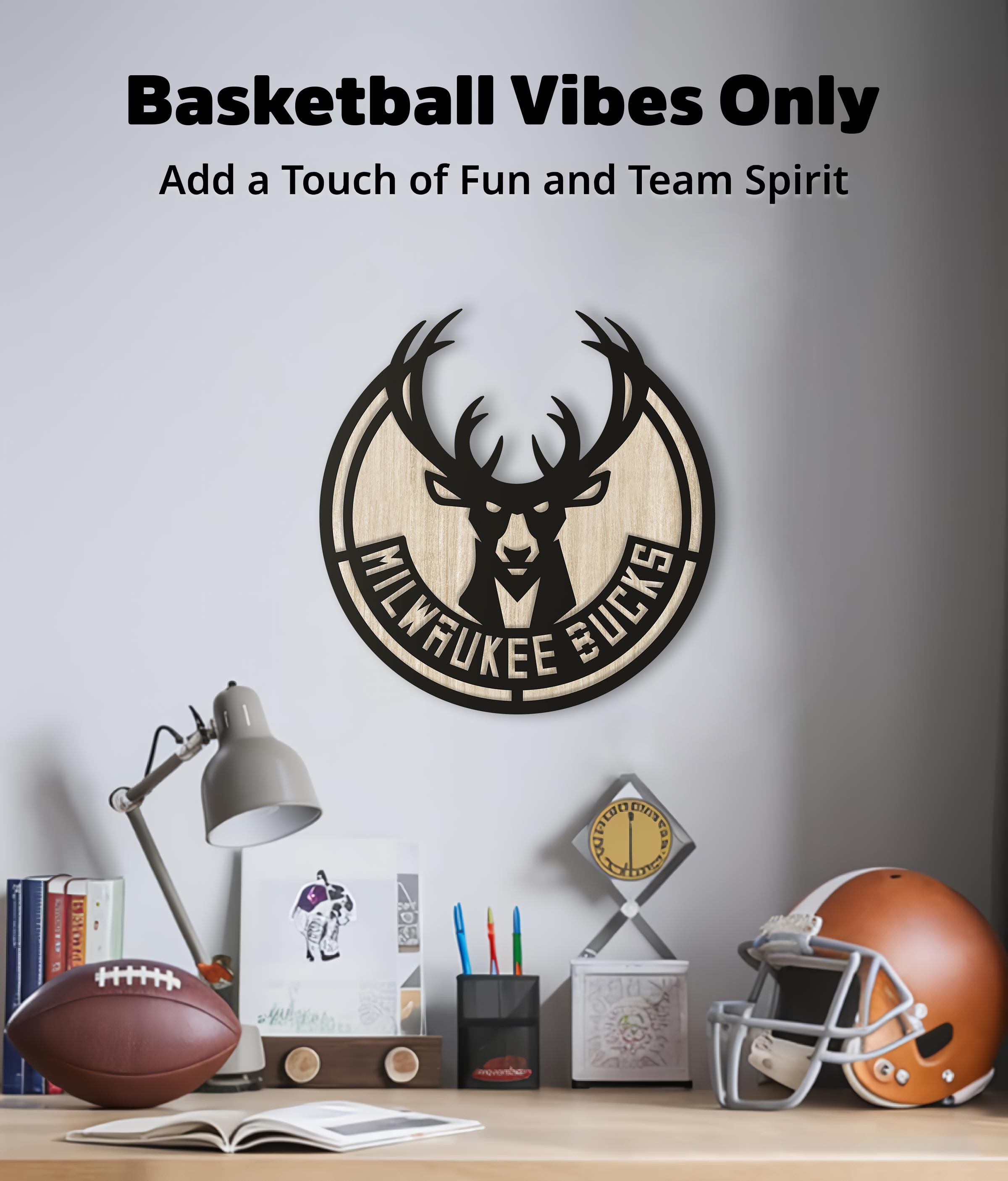 Milwaukee Bucks Wooden Wall Decor, Laser Cut Design with Light and Black Wood Layers, Rustic Sports Team Art for Home or Office