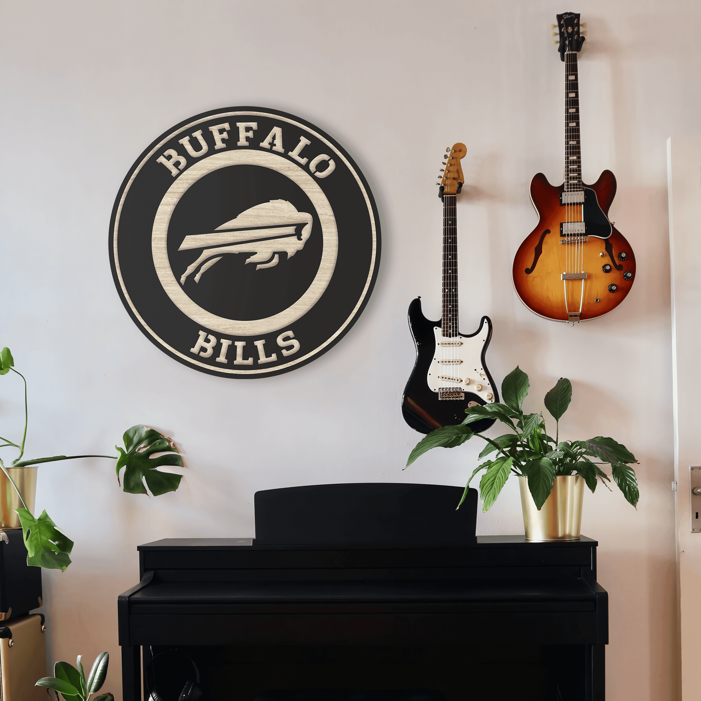 Buffalo Bills Wooden Wall Decor, Laser Cut Design with Light and Black Wood Layers, Rustic NFL Team Art for Home or Office