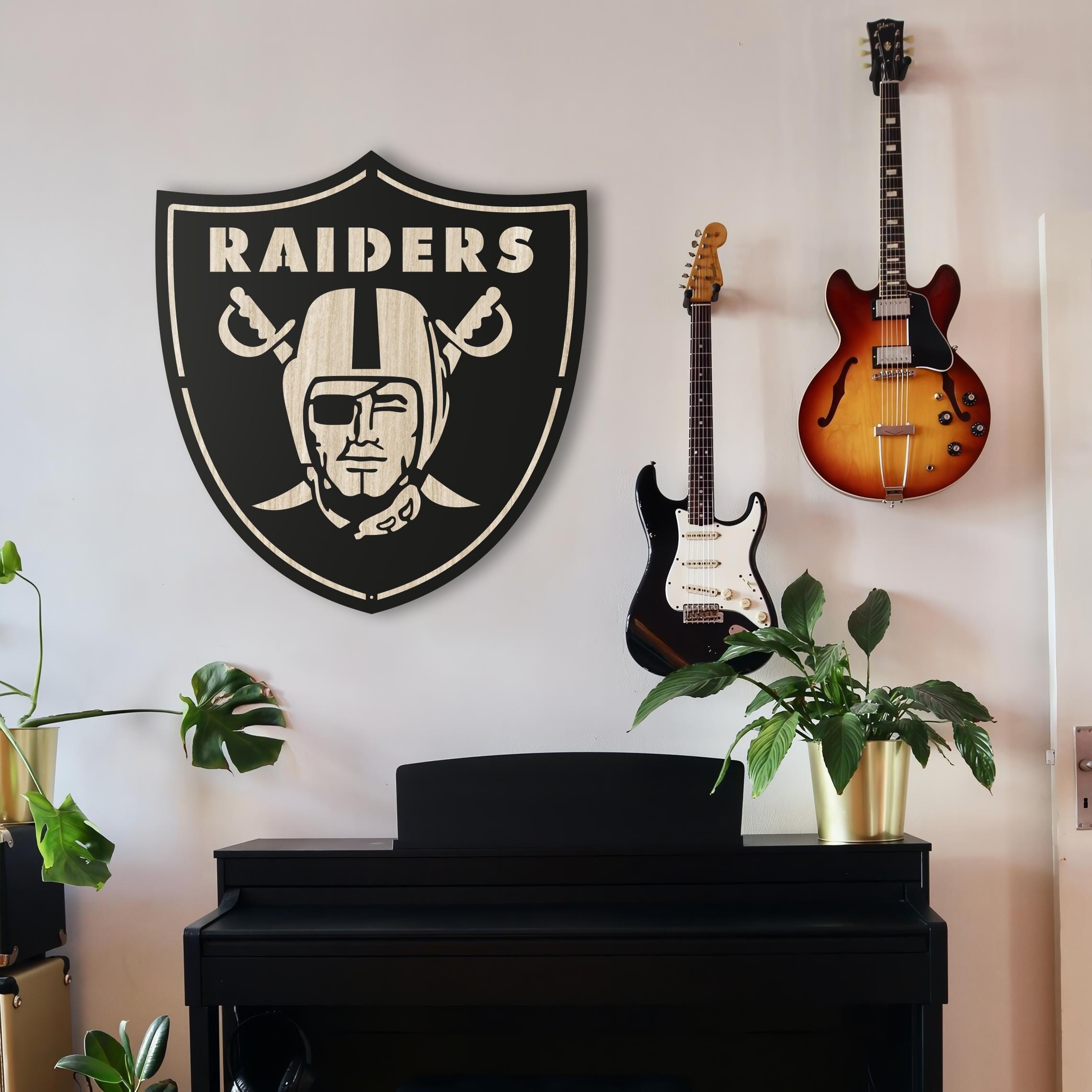 Las Vegas Raiders Wooden Wall Decor, Laser Cut Design with Light and Black Wood Layers, Rustic Sports Team Art for Home or Office