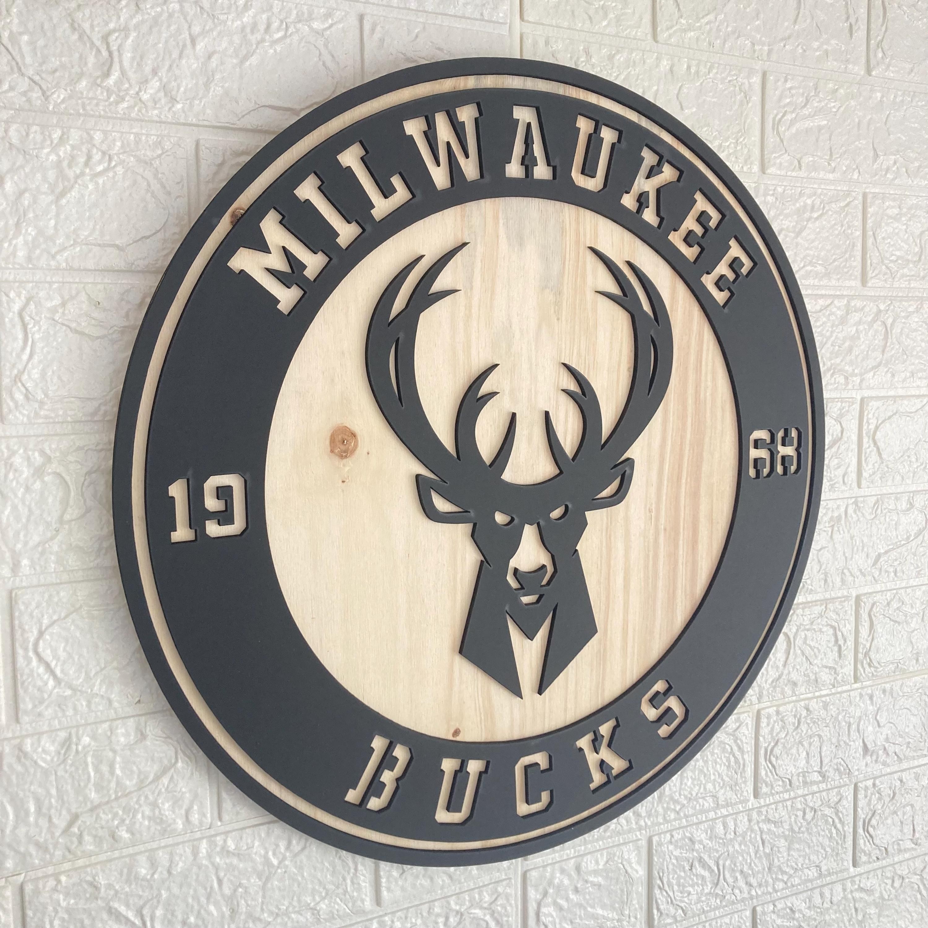 Milwaukee Bucks Wooden Wall Decor, Laser Cut Design with Light and Black Wood Layers, Rustic Sports Team Art for Home or Office