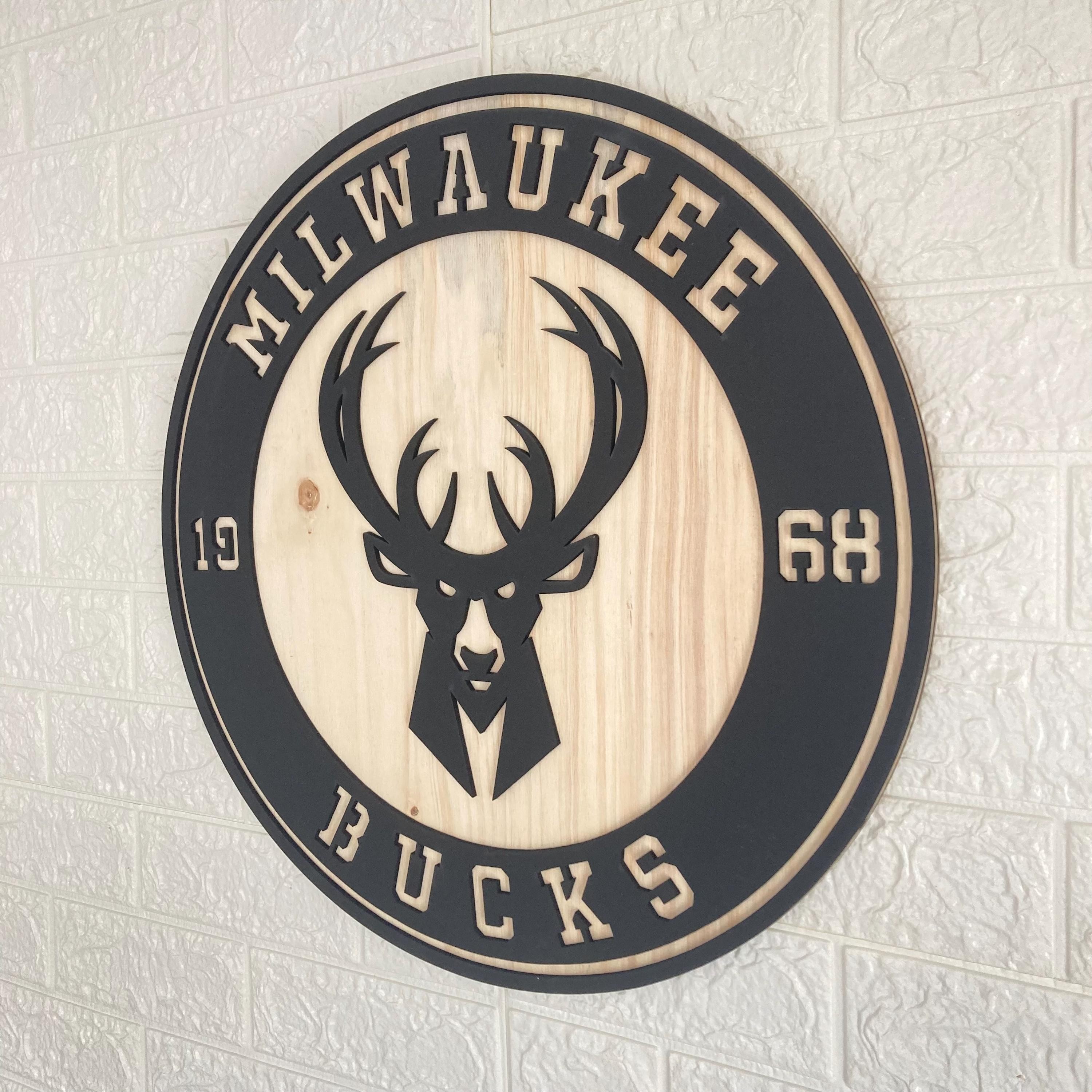 Milwaukee Bucks Wooden Wall Decor, Laser Cut Design with Light and Black Wood Layers, Rustic Sports Team Art for Home or Office