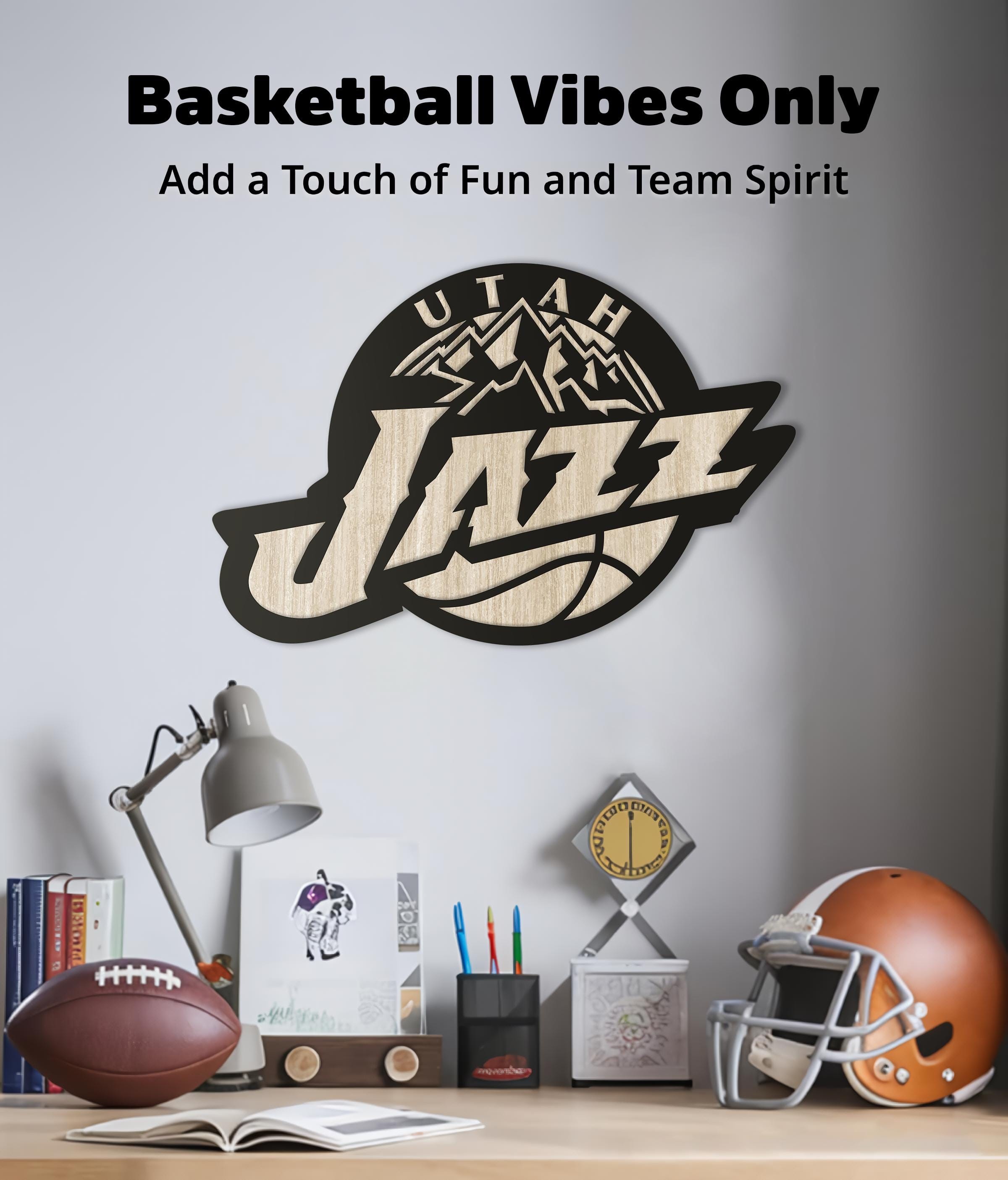 Utah Jazz Wooden Wall Decor, Laser Cut Design with Light and Black Wood Layers, Rustic Sports Team Art for Home or Office