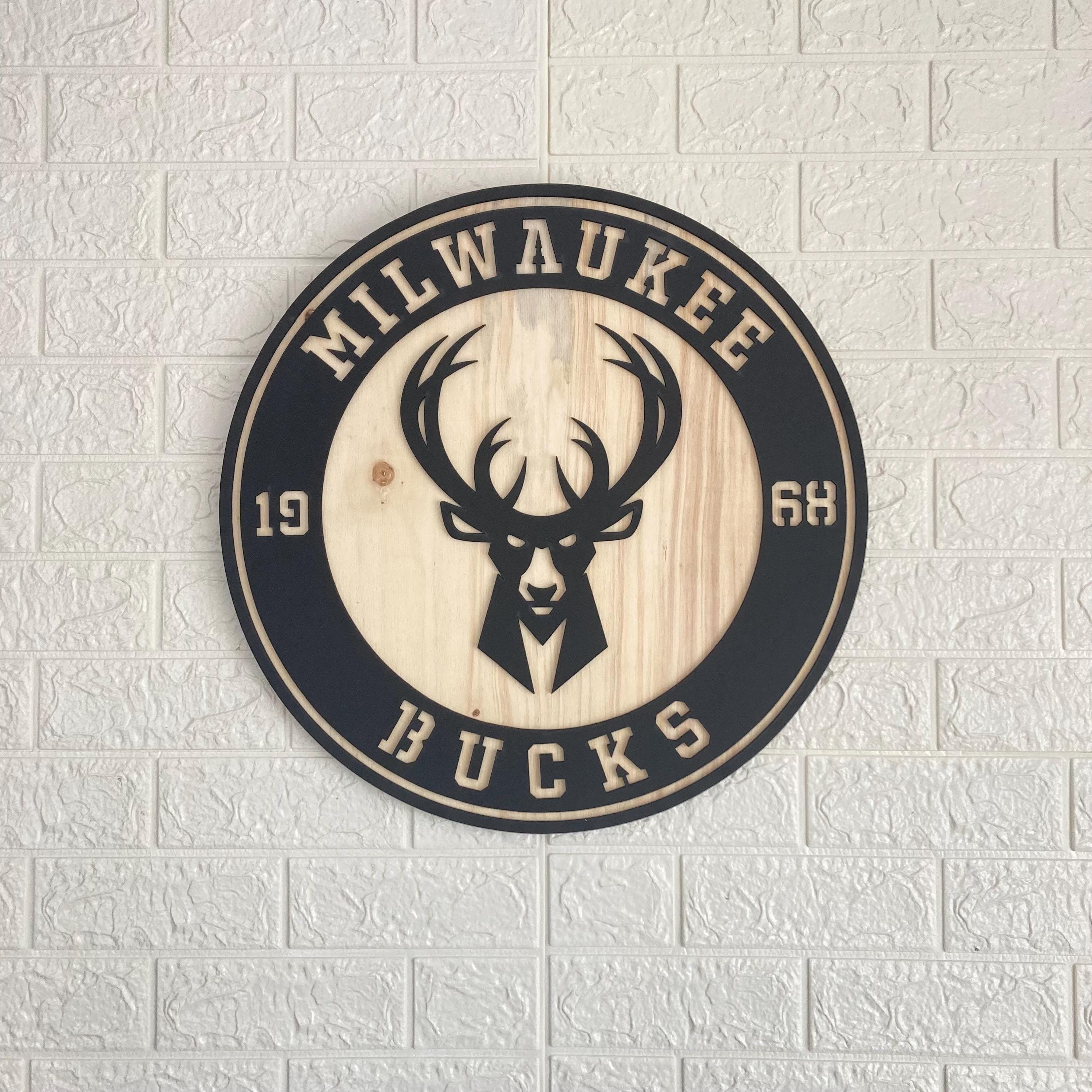 Milwaukee Bucks Wooden Wall Decor, Laser Cut Design with Light and Black Wood Layers, Rustic Sports Team Art for Home or Office