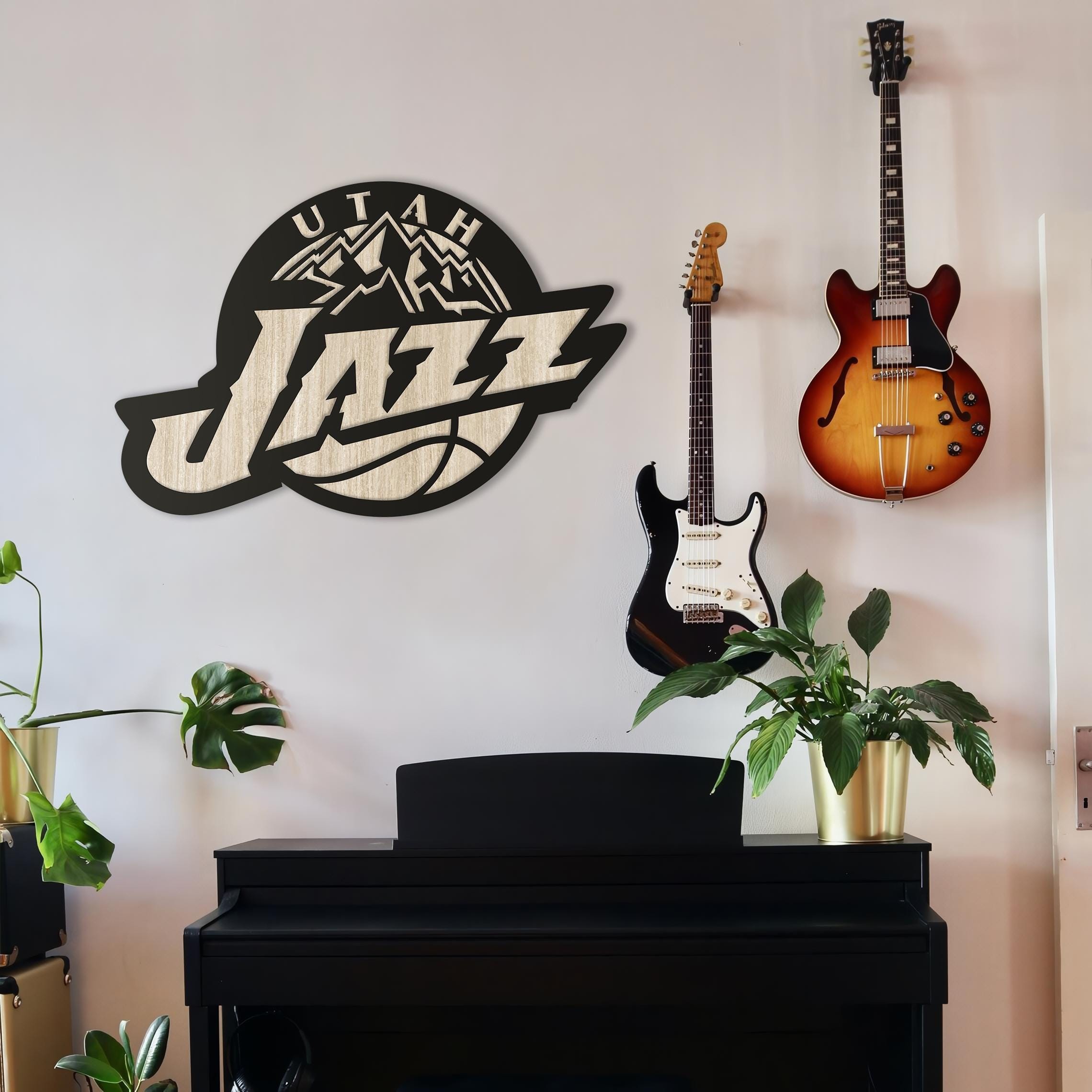 Utah Jazz Wooden Wall Decor, Laser Cut Design with Light and Black Wood Layers, Rustic Sports Team Art for Home or Office
