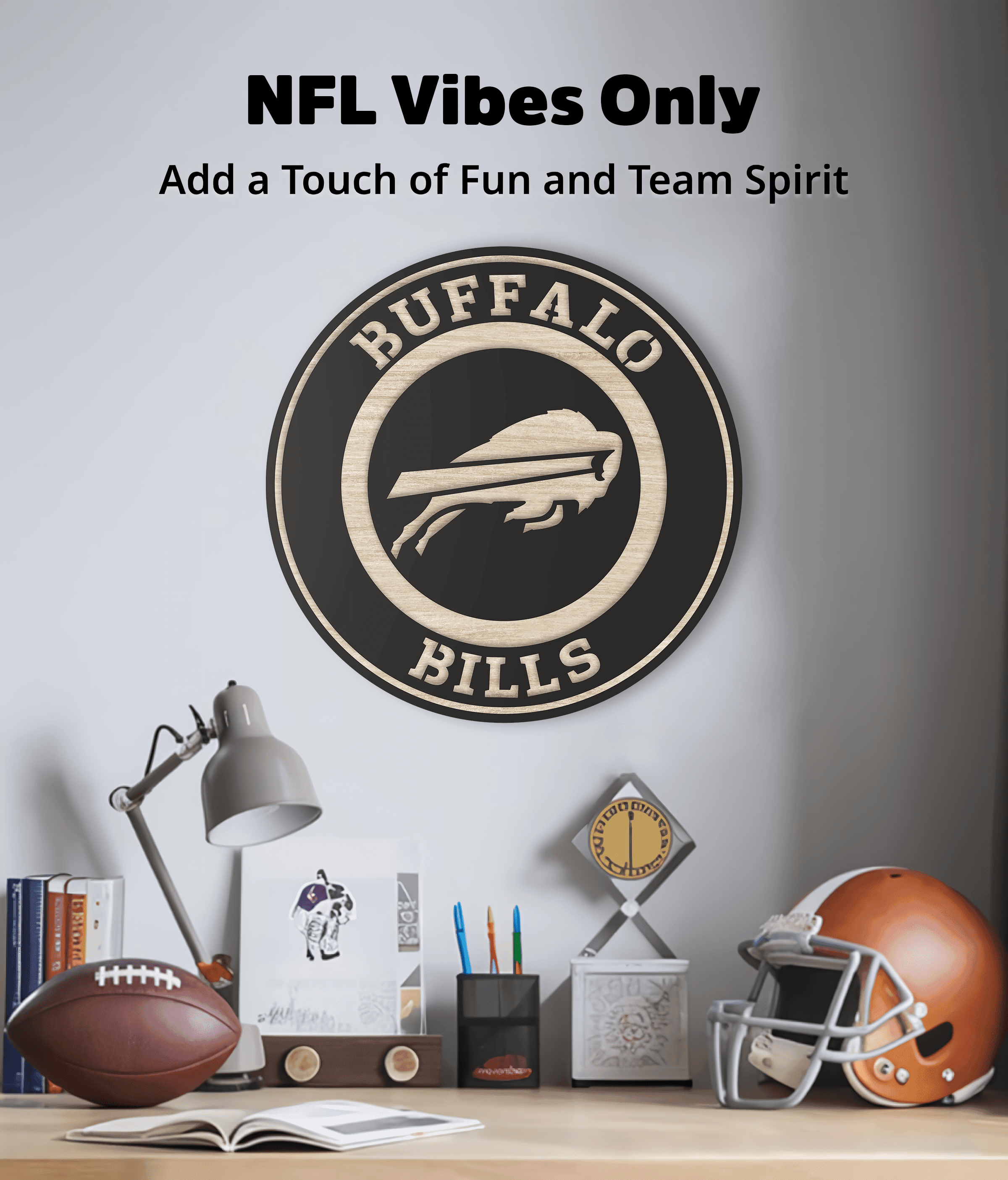 Buffalo Bills Wooden Wall Decor, Laser Cut Design with Light and Black Wood Layers, Rustic NFL Team Art for Home or Office