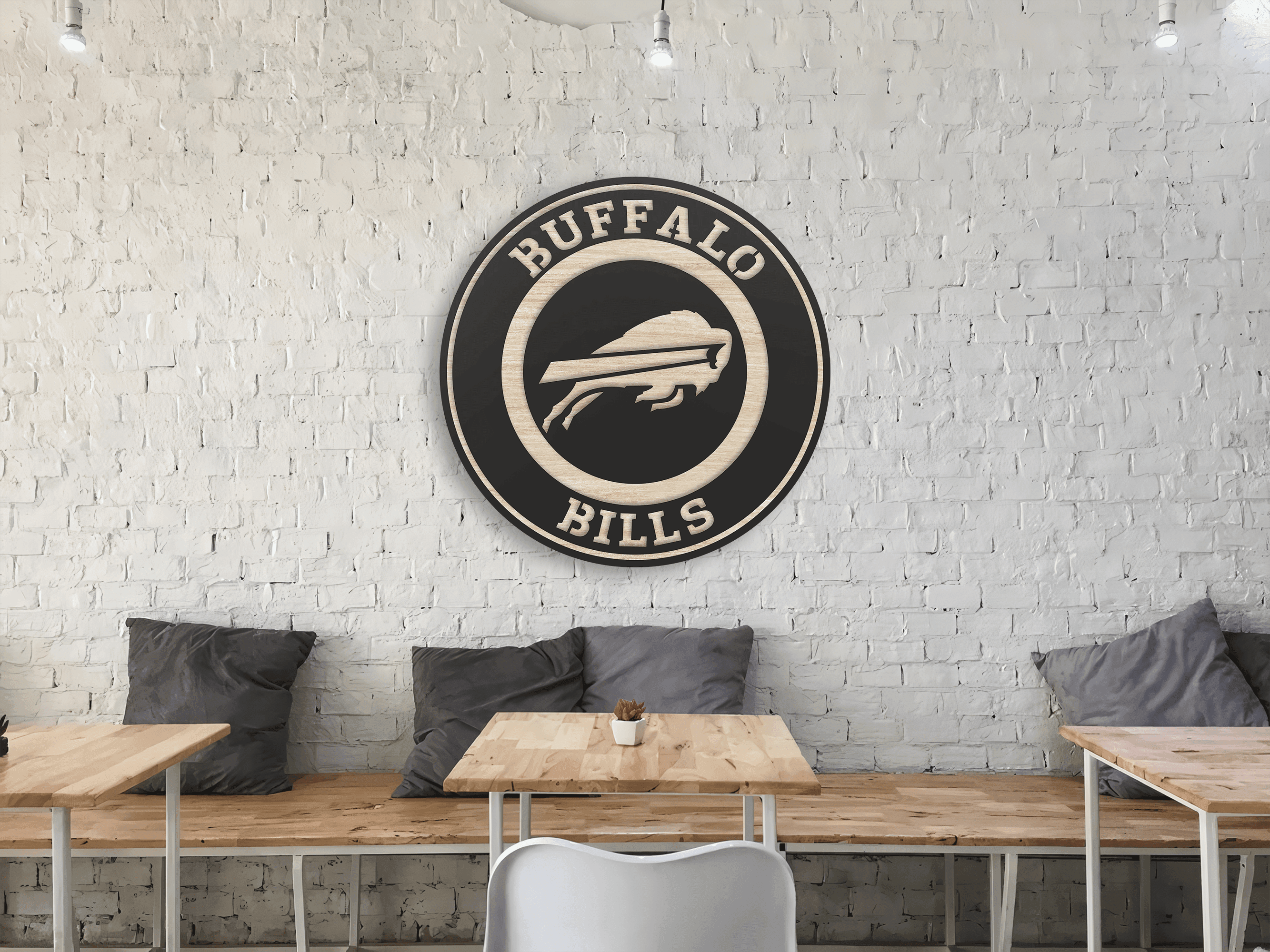 Buffalo Bills Wooden Wall Decor, Laser Cut Design with Light and Black Wood Layers, Rustic NFL Team Art for Home or Office