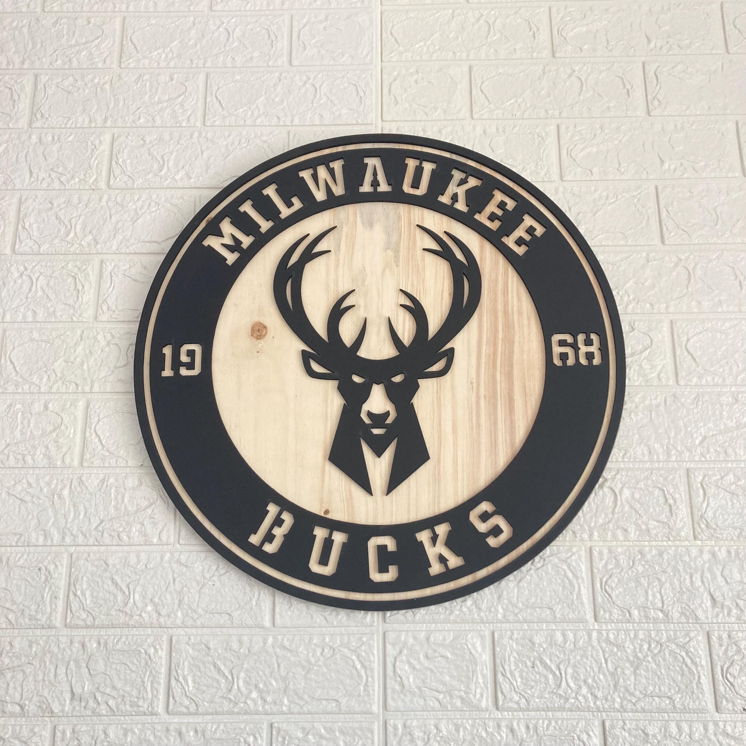 Milwaukee Bucks Wooden Wall Decor, Laser Cut Design with Light and Black Wood Layers, Rustic Sports Team Art for Home or Office