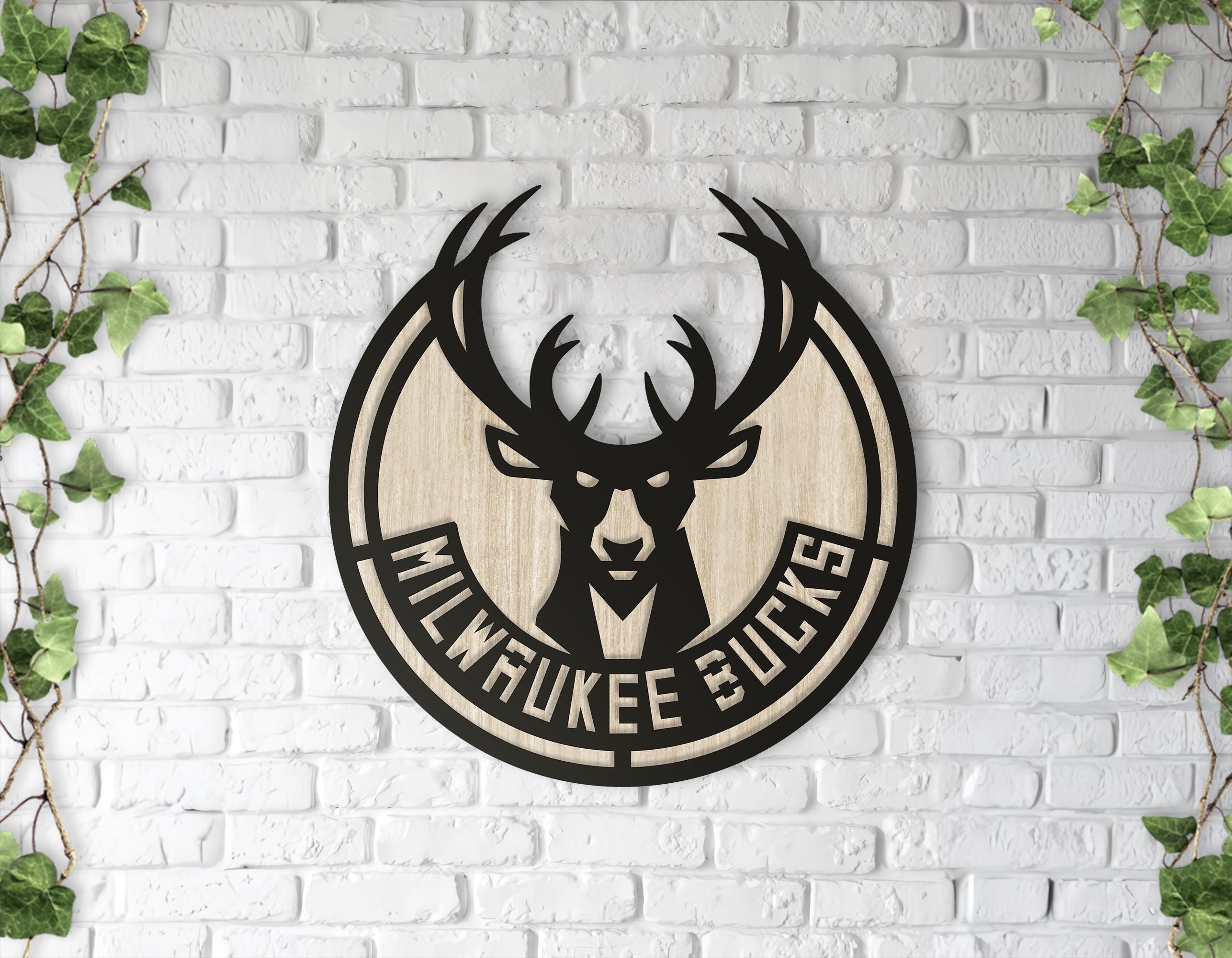 Milwaukee Bucks Wooden Wall Decor, Laser Cut Design with Light and Black Wood Layers, Rustic Sports Team Art for Home or Office