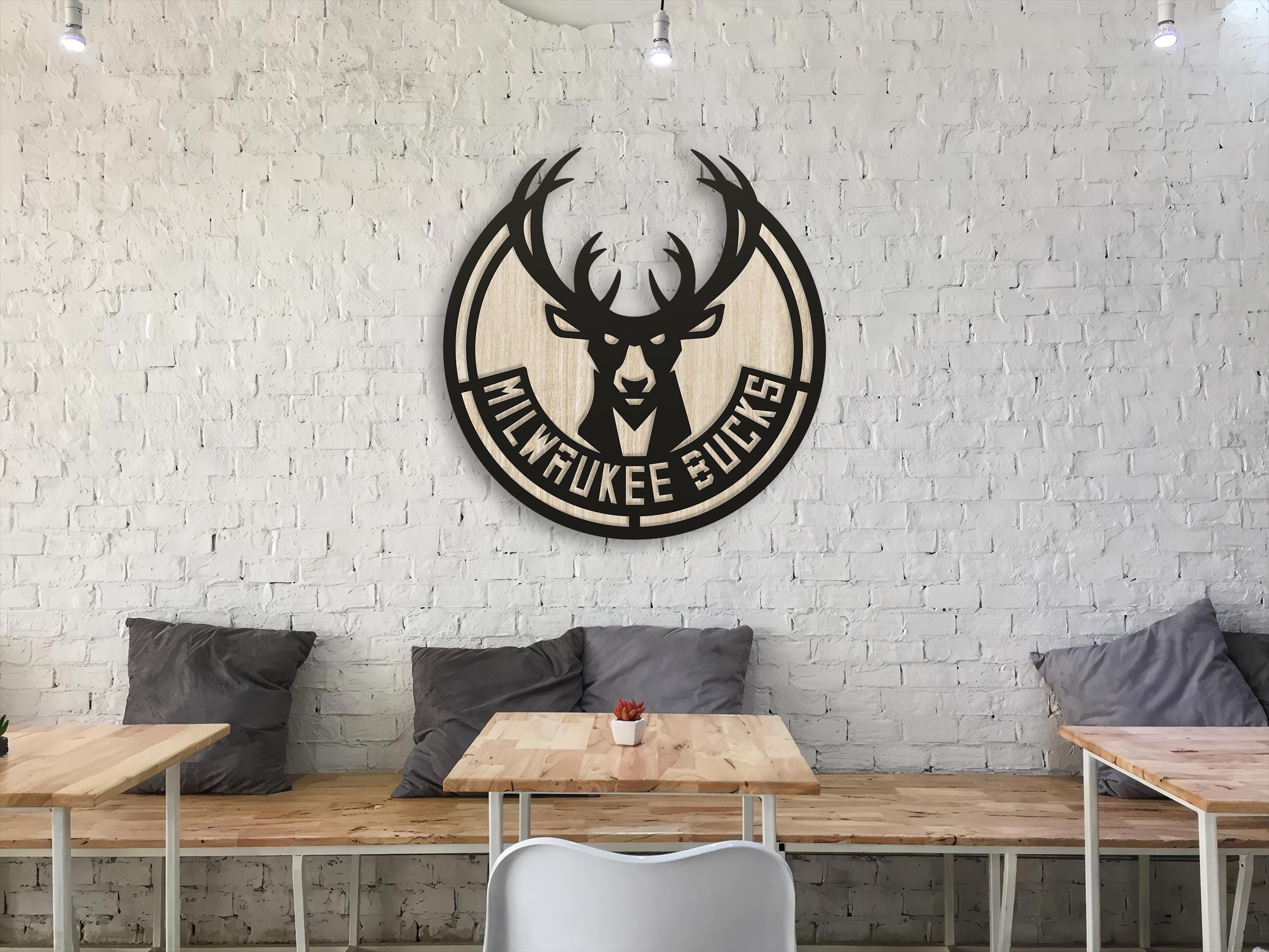 Milwaukee Bucks Wooden Wall Decor, Laser Cut Design with Light and Black Wood Layers, Rustic Sports Team Art for Home or Office