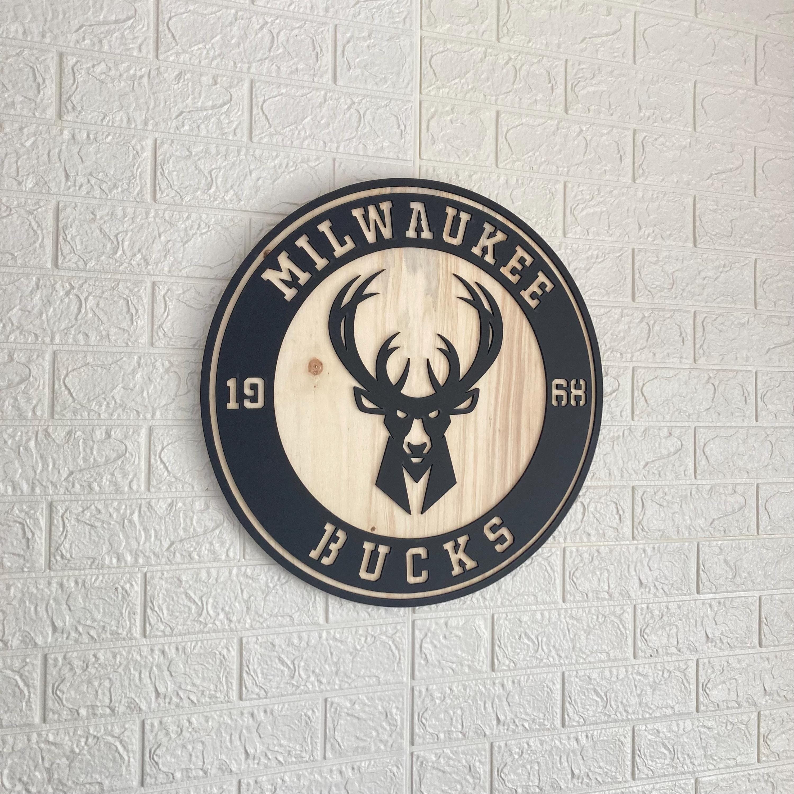 Milwaukee Bucks Wooden Wall Decor, Laser Cut Design with Light and Black Wood Layers, Rustic Sports Team Art for Home or Office