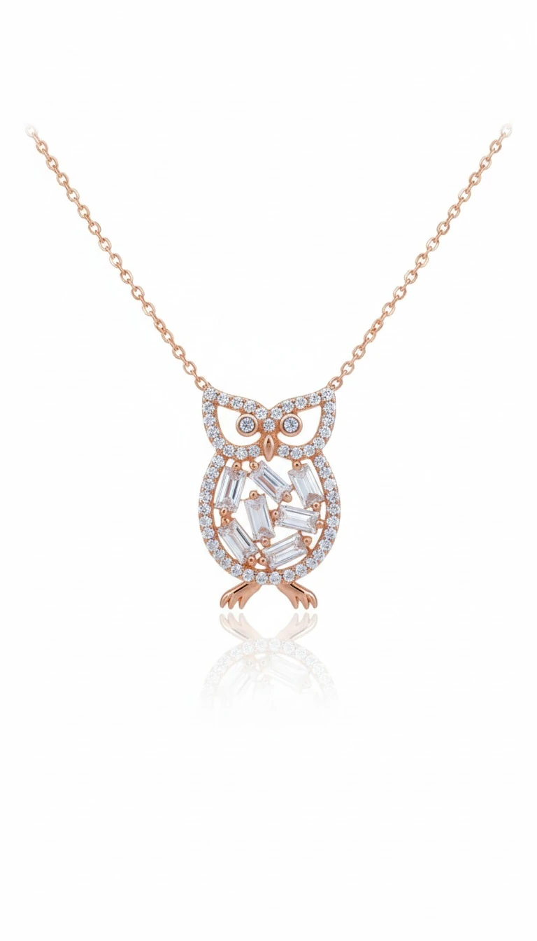 Baykuş Kolye Baget Taşlı 925 Ayar Gümüş