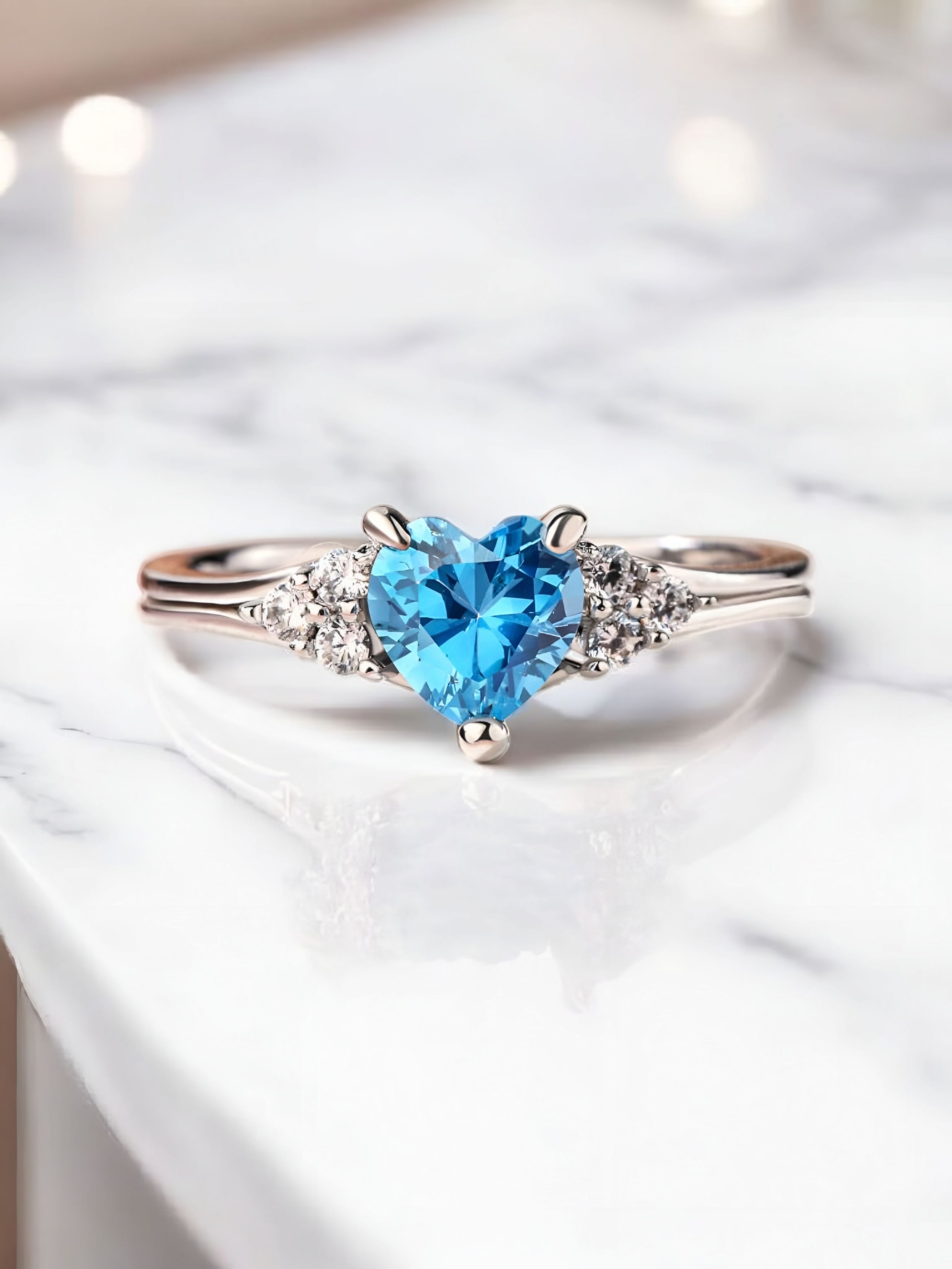 Aquamarine Taşlı Kalp Yüzük 925 Ayar Gümüş (Ayarlanabilir Yüzük)