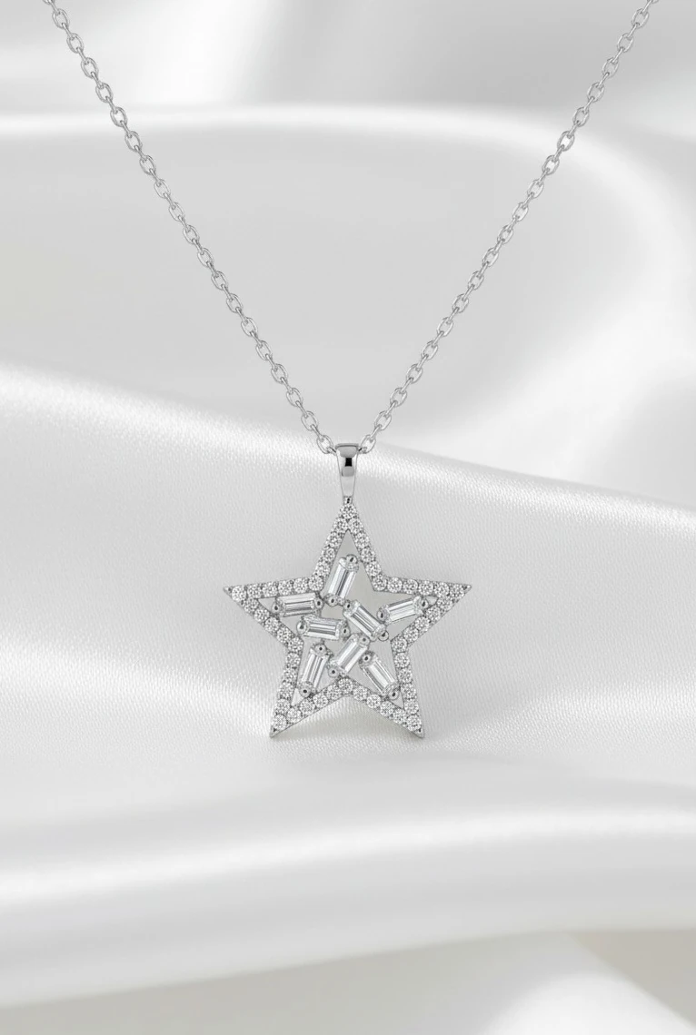 Baget Taşlı Yıldız Kolye 925 Ayar Gümüş