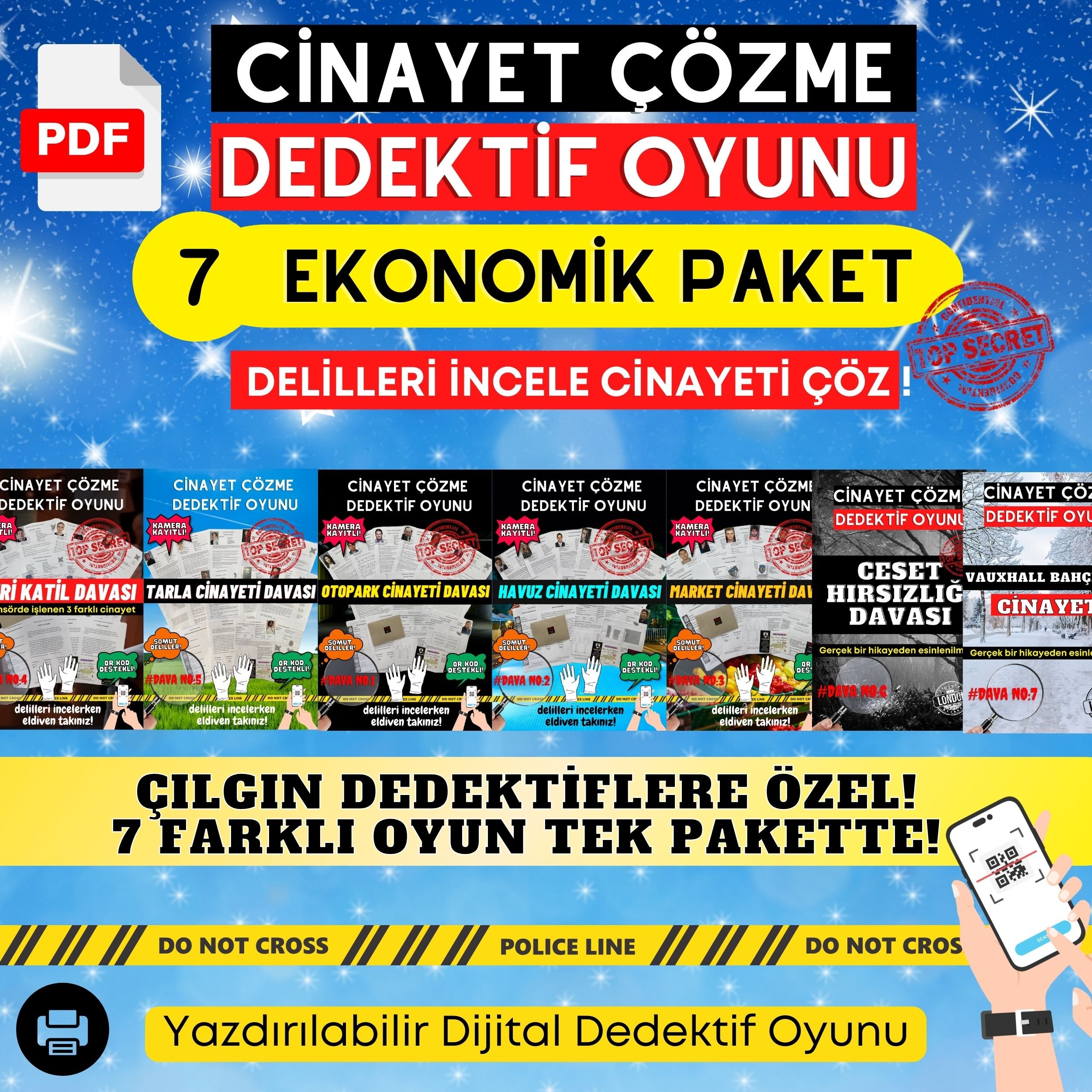 Anında İndirilebilir | 7'li Ekonomik Paket Yazdırılabilir PDF Dedektif Oyunu