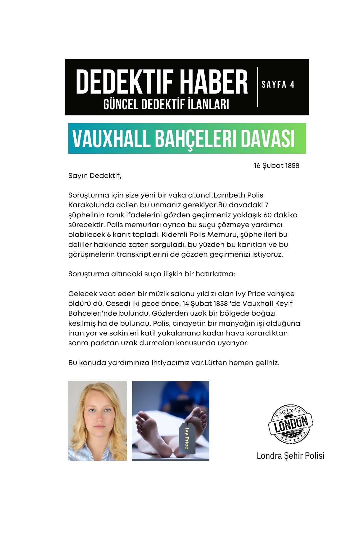 VauxHall Bahçeleri Davası Dedektif Oyunu | Çözülmeyen Davalar,Dedektiflik Kutu Oyunu