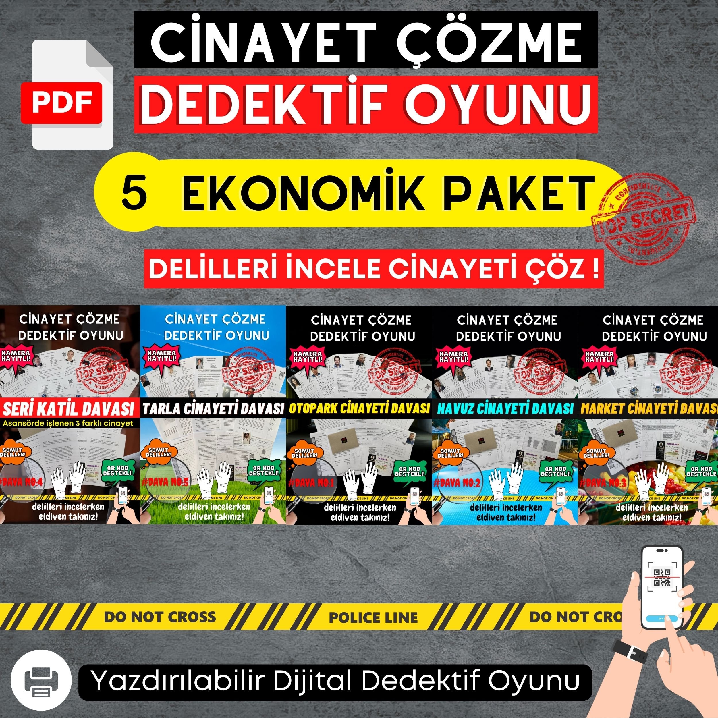 Anında İndirilebilir | 5'li Ekonomik Paket Yazdırılabilir PDF Dedektif Oyunu 