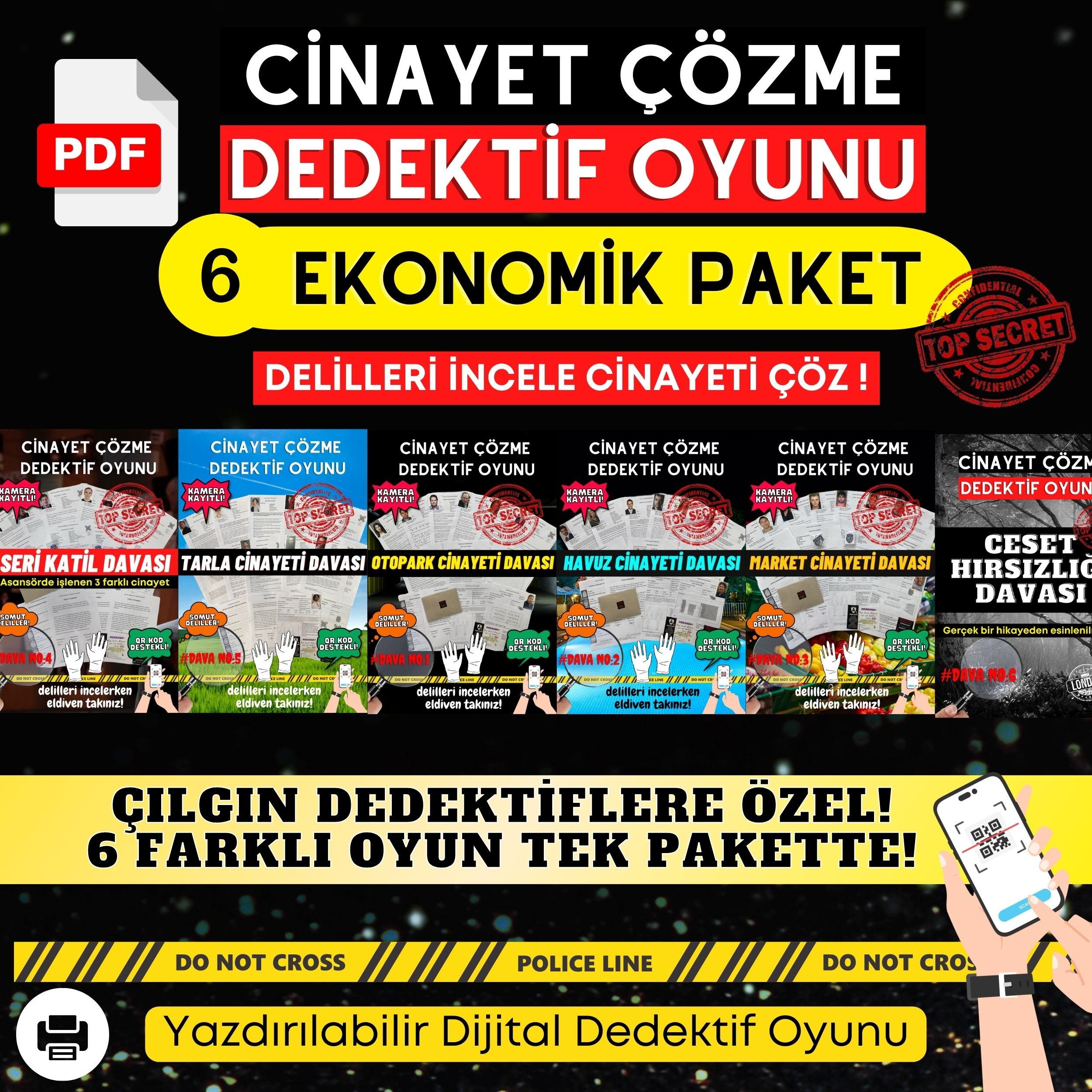 Anında İndirilebilir | 6'lı Ekonomik Paket Yazdırılabilir PDF Dedektif Oyunu 