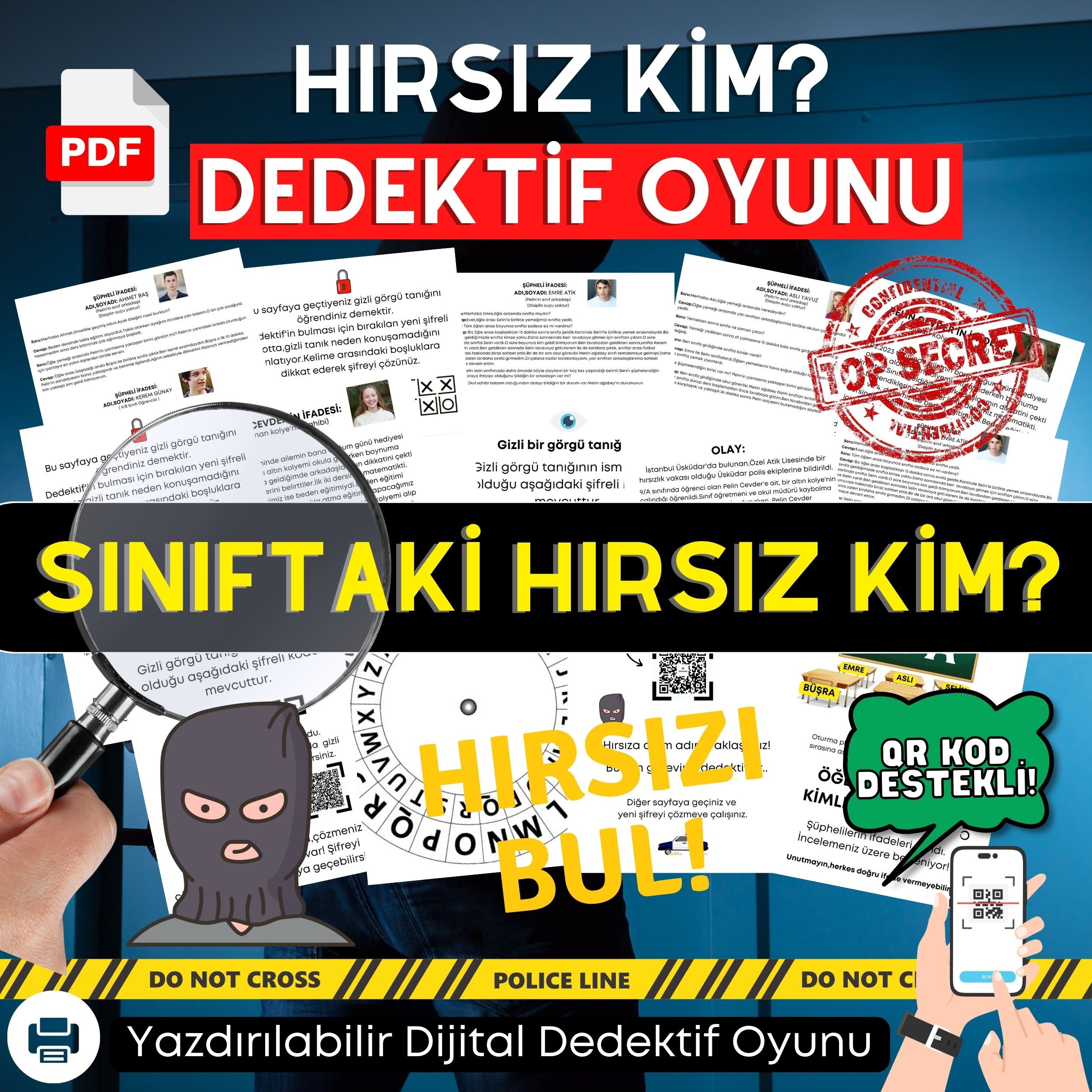 Anında İndirilebilir | Yazdırılabilir PDF Dedektif Oyunu Sınıftaki Hırsız Kim? | Hırsız Davası